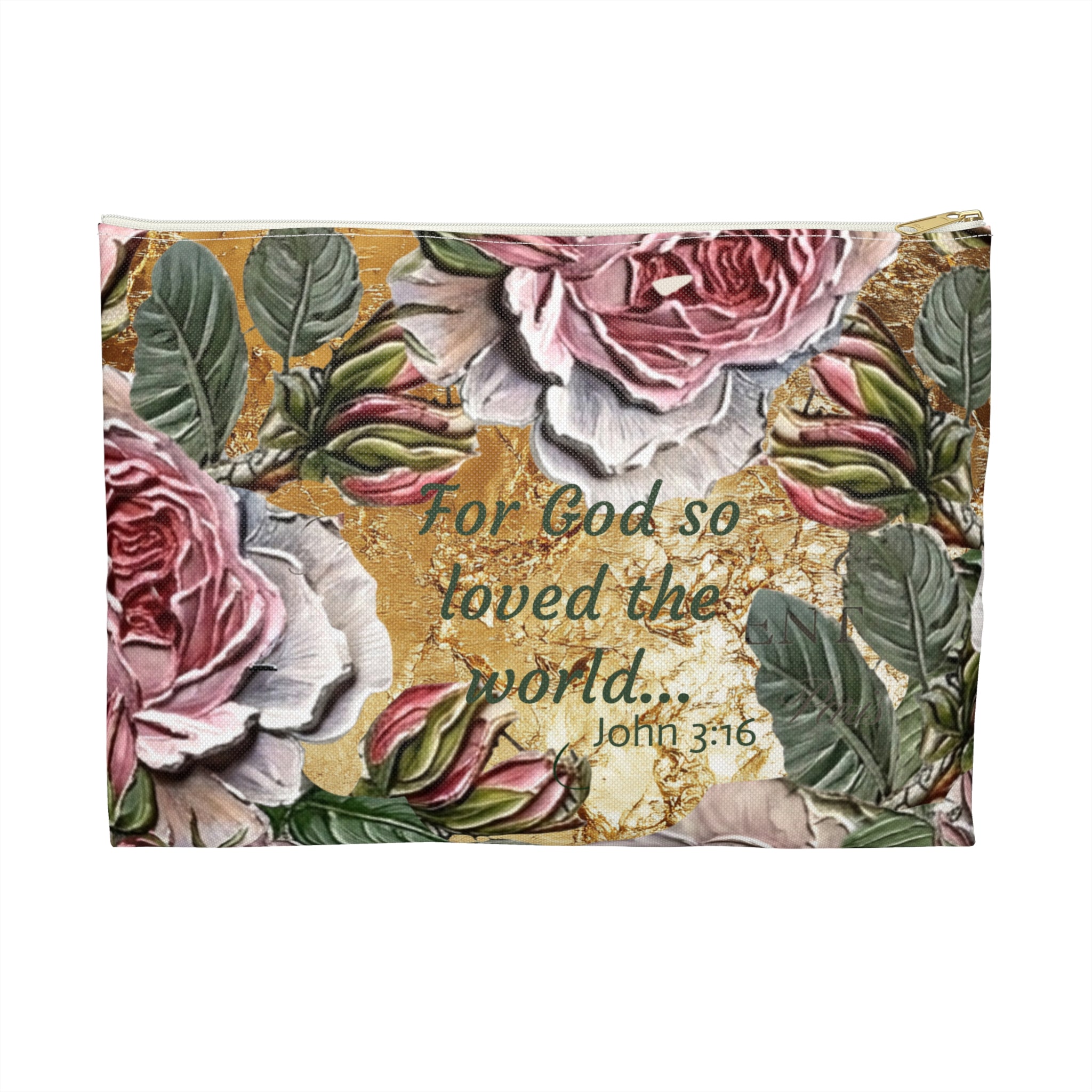 Vintage Pink Roses on Gold Marble Accessory Pouch | Floral Makeup Bag