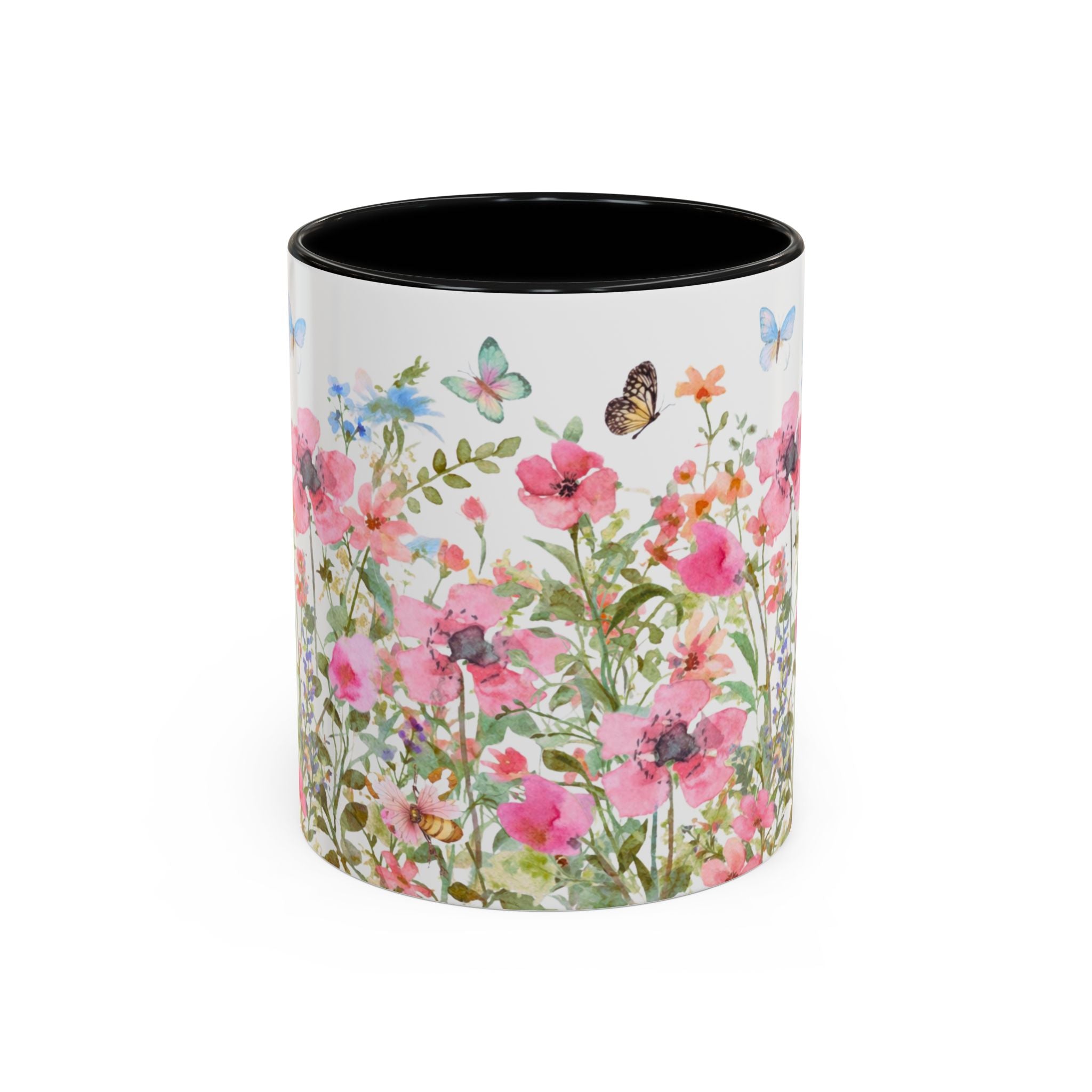 Floral Meadow Accent Coffee Mug — Pink Wildflowers & Butterflies (11oz, 15oz)
