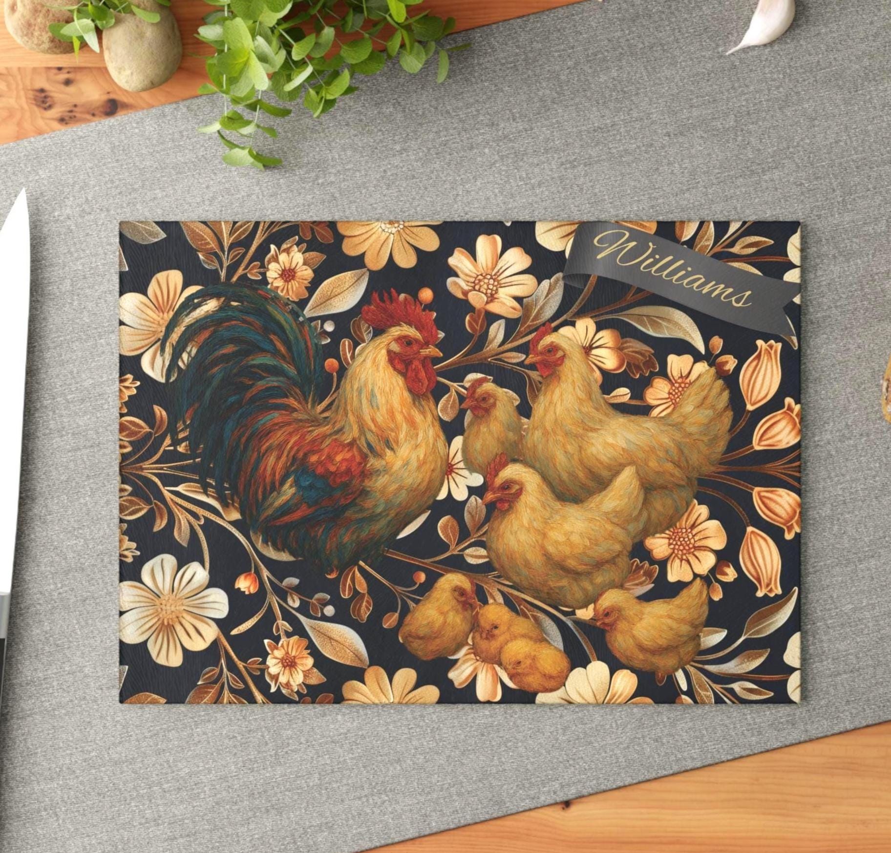 French Rooster Glass Cutting Board: Farmhouse Kitchen Decor