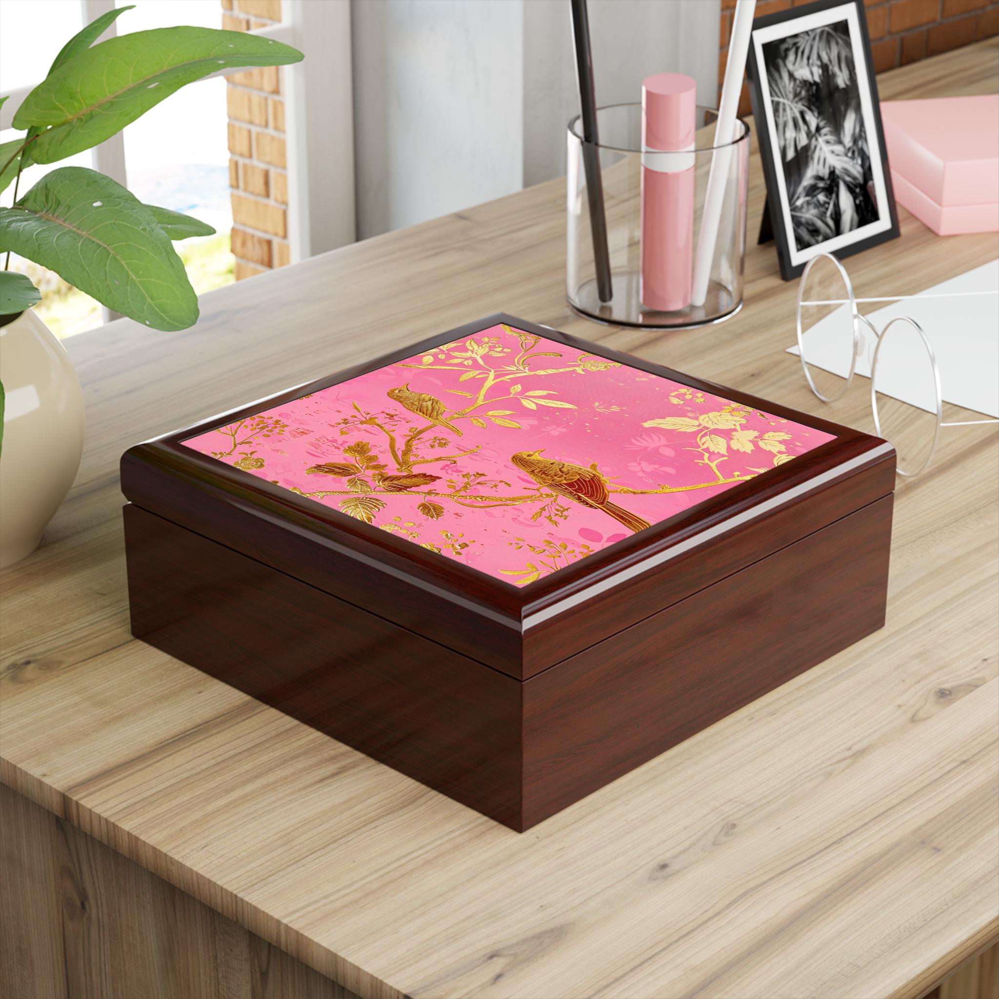 Gold Bird Branch floral jewelry box | pink lacquer keepsake