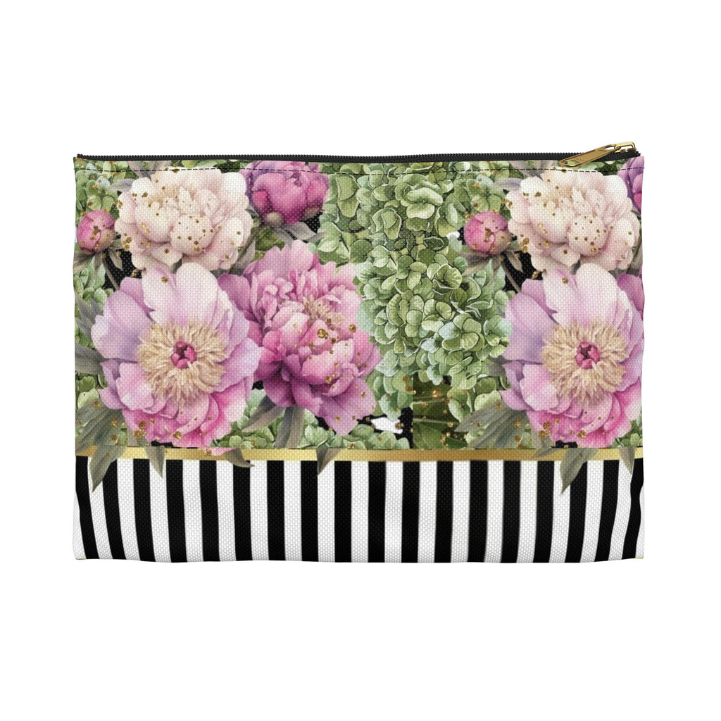 Pink Peonies & Green Hydrangeas Accessory Pouch | Black White Stripes