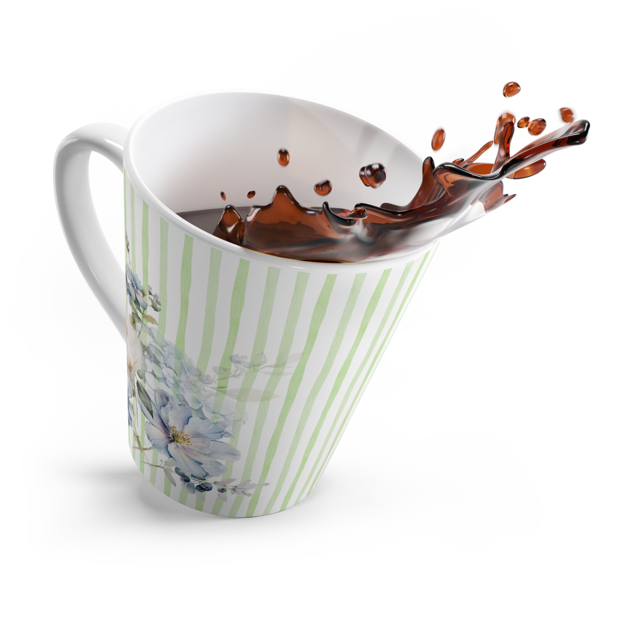 Watercolor Stripes Floral Latte Mug | Coffee Tea Cup | Hand-Painted Flower Design