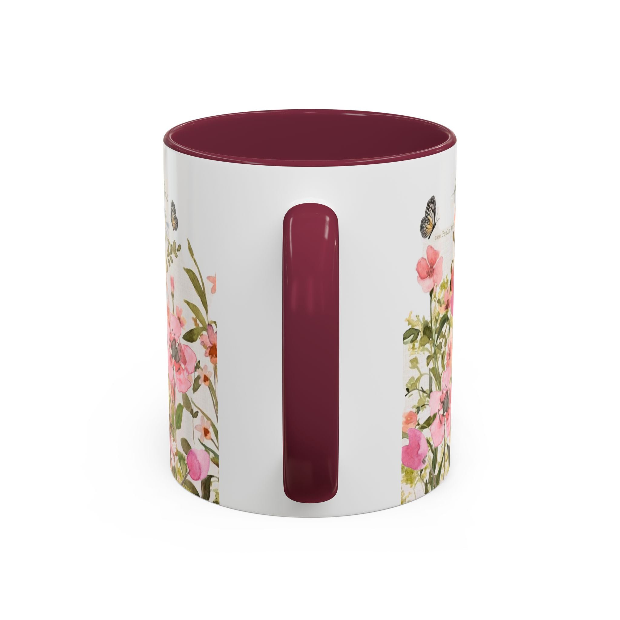 Pink Watercolor Wildflowers Mug | Butterfly Accent Scripture Coffee Cup Gift for Her