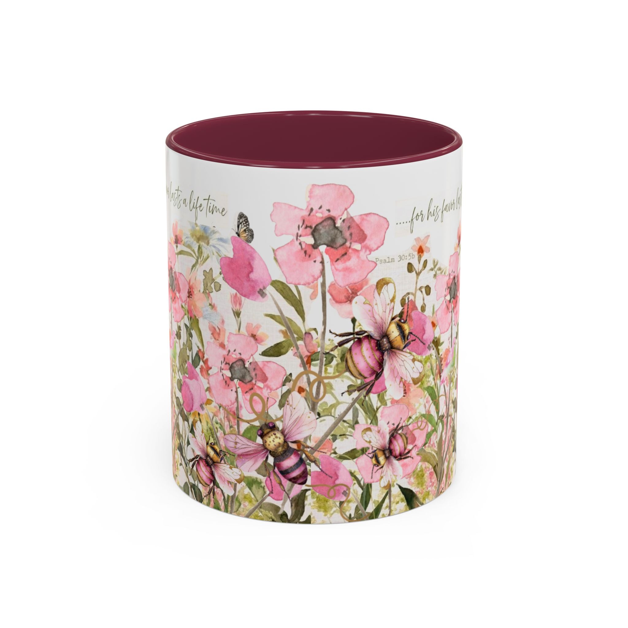 Pink Watercolor Wildflowers Mug | Butterfly Accent Scripture Coffee Cup Gift for Her