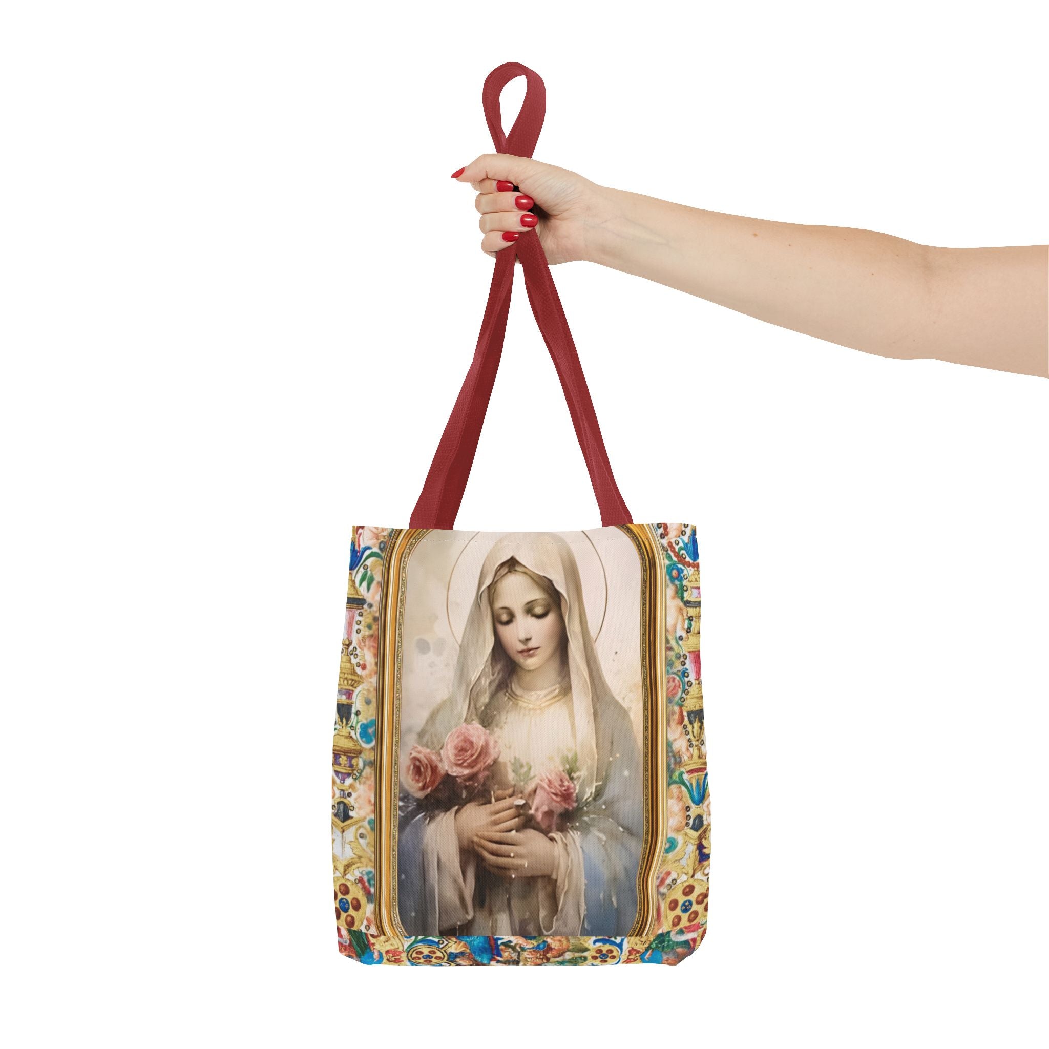 Virgin Mary portrait Tote Bag | Religious Madonna illustration, roses