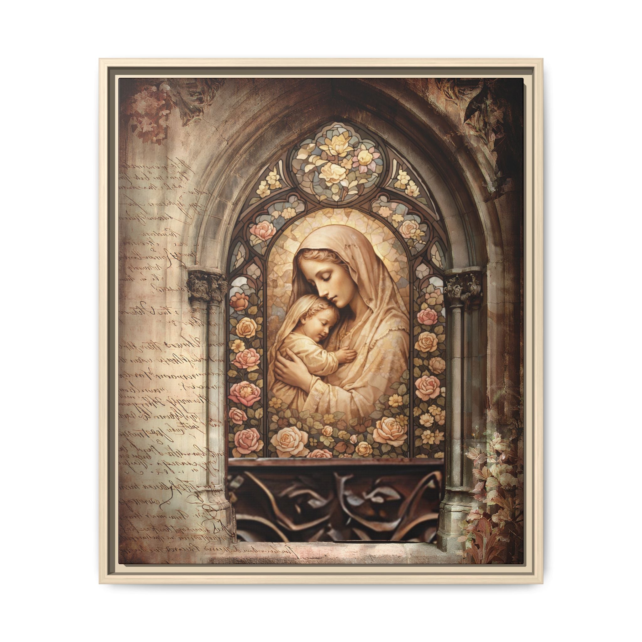Gothic Window Madonna and Child Stained Glass Print Matte Canvas, Framed