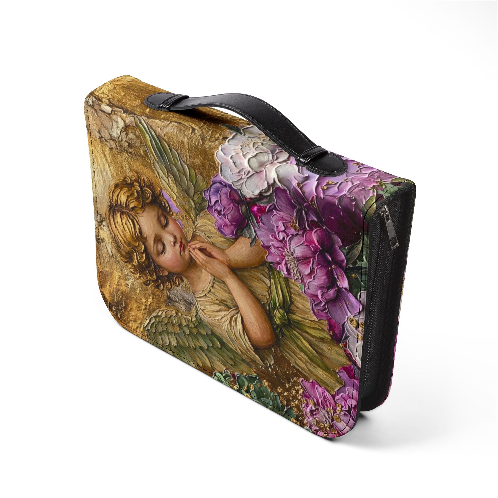 Praying Cherub with Flowers Bible Cover | Angel Artwork Zippered Case