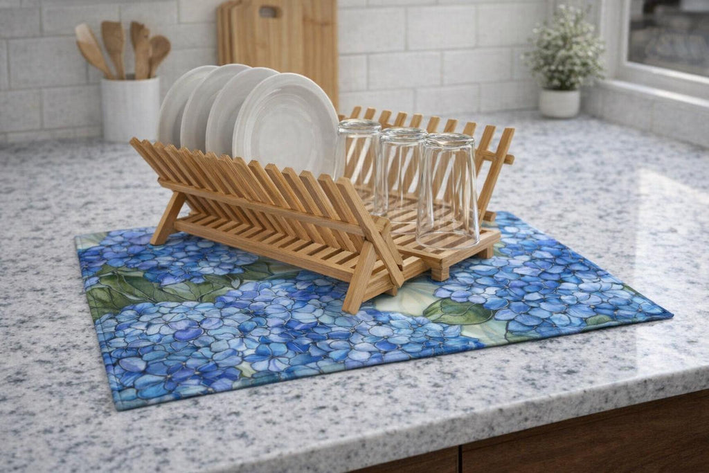 Hydrangea Floral Kitchen Dish Mat | Microfiber Drying Mat, Modern Farmhouse | Housewarming Gift