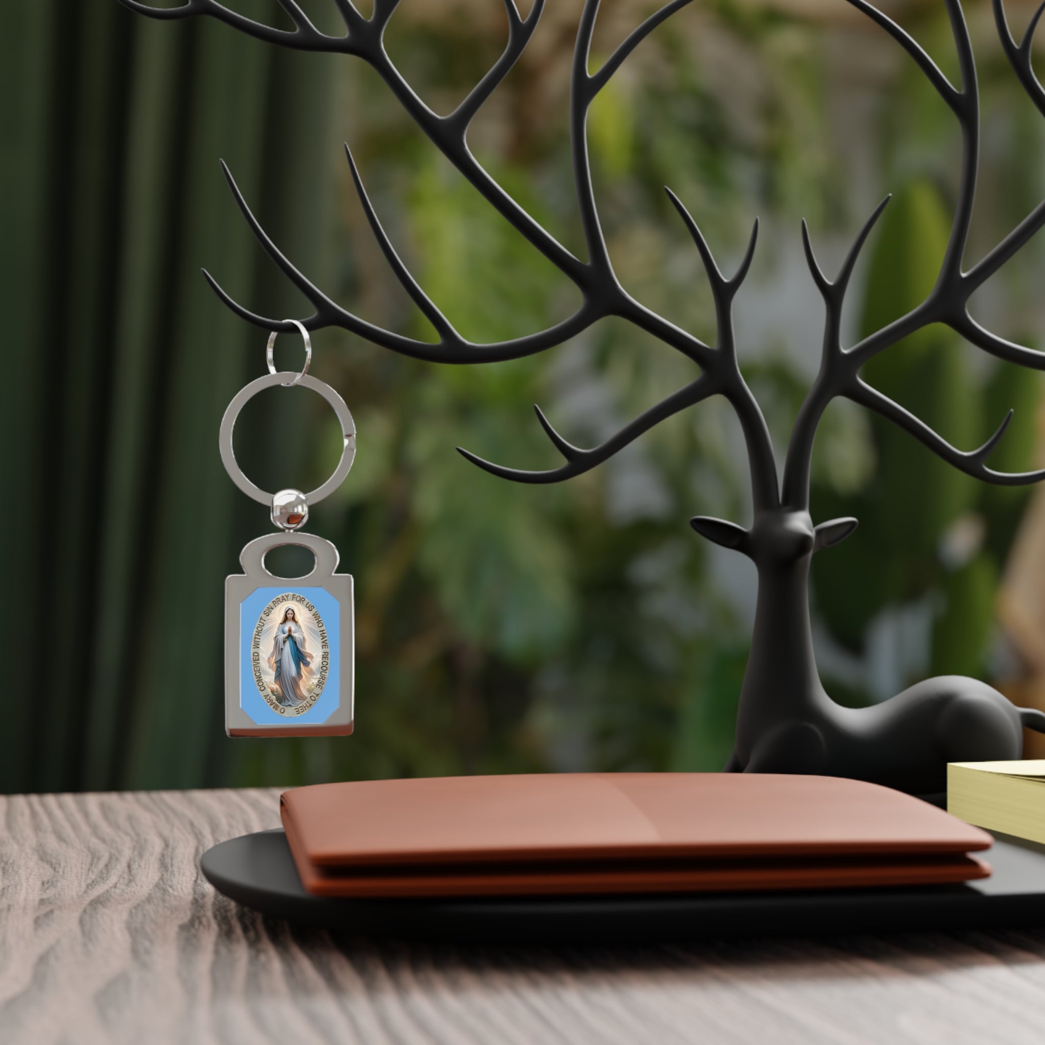 Virgin Mary Medal Rectangle Photo Keyring | Religious Iconography Church Gift Bag Charm