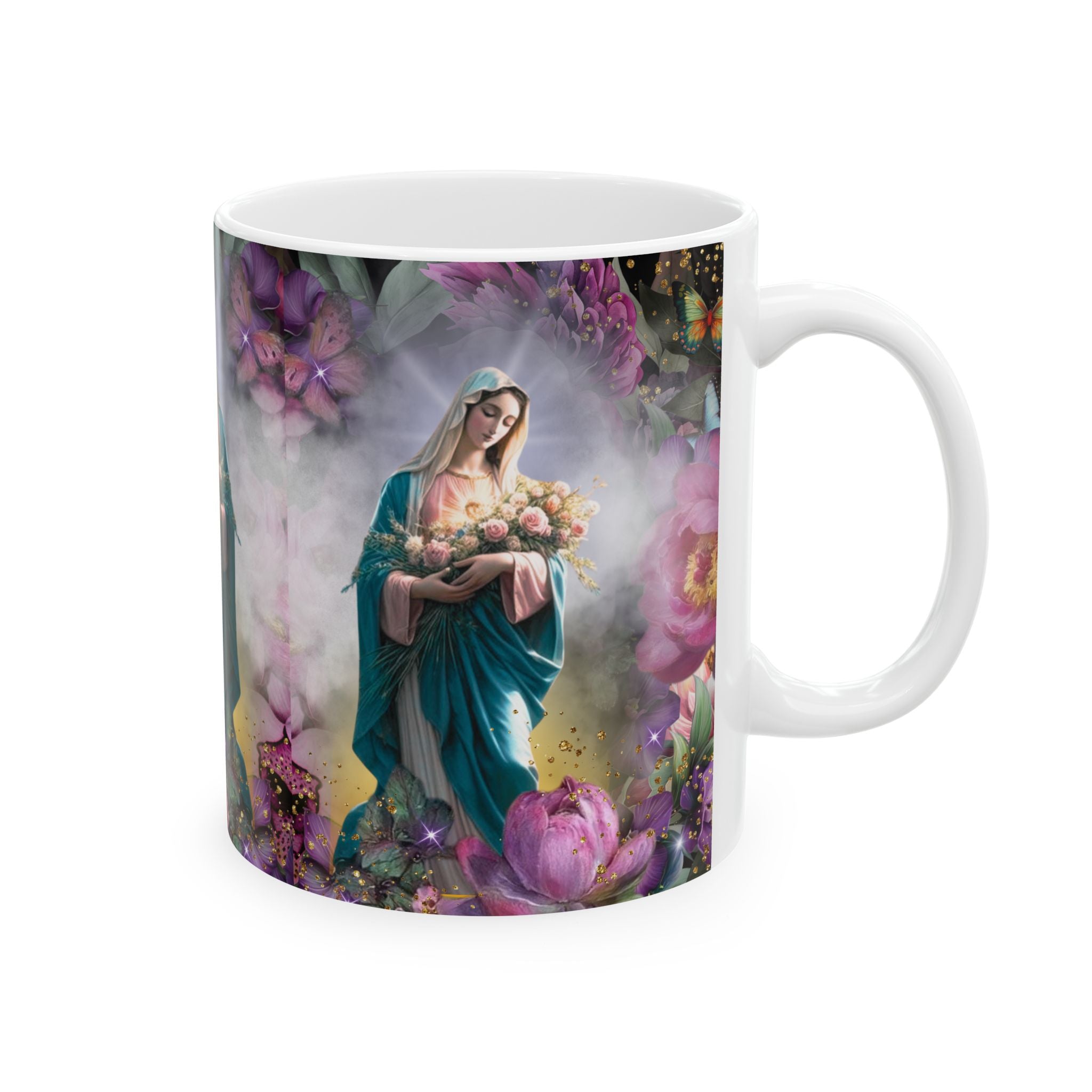 Virgin Mary Bouquet Mug | Religious Floral Coffee Cup