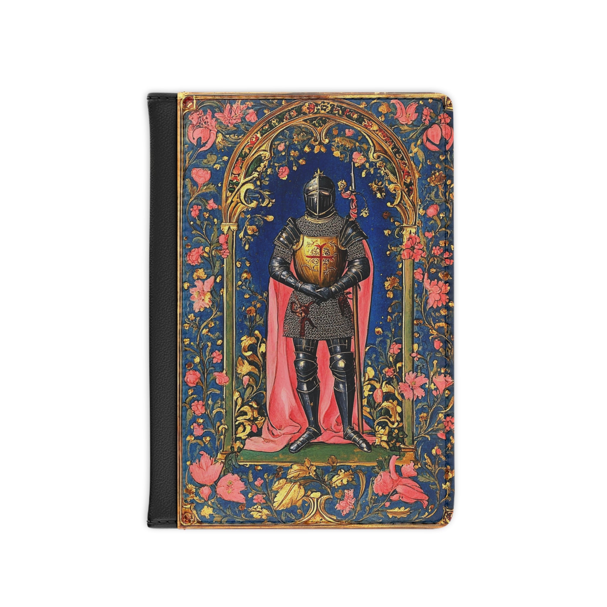 Medieval Knight Illustration Passport Cover | Heraldic Armor, Floral Border