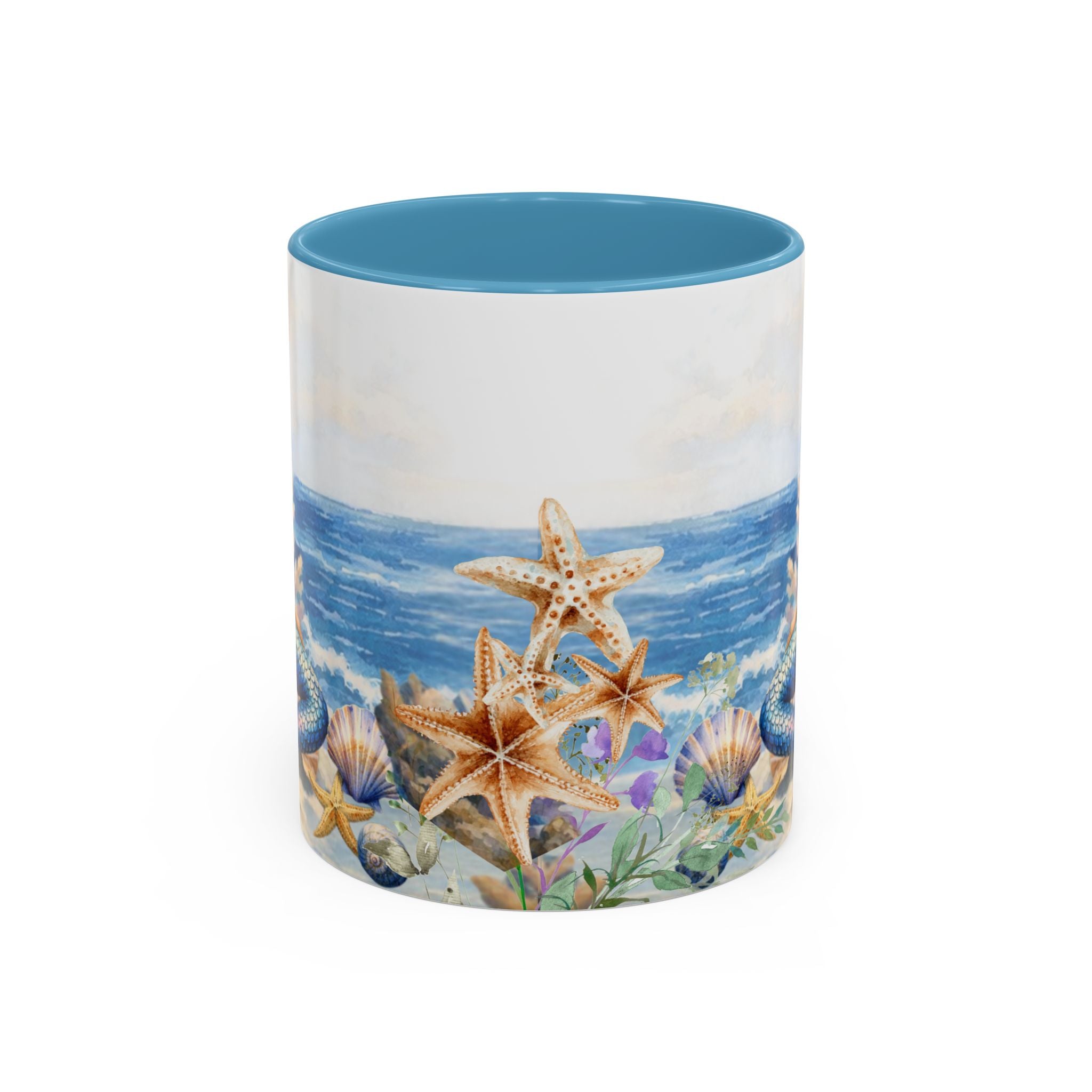 Mermaid Illustration Accent Coffee Mug | Seashells Starfish Ocean Scene