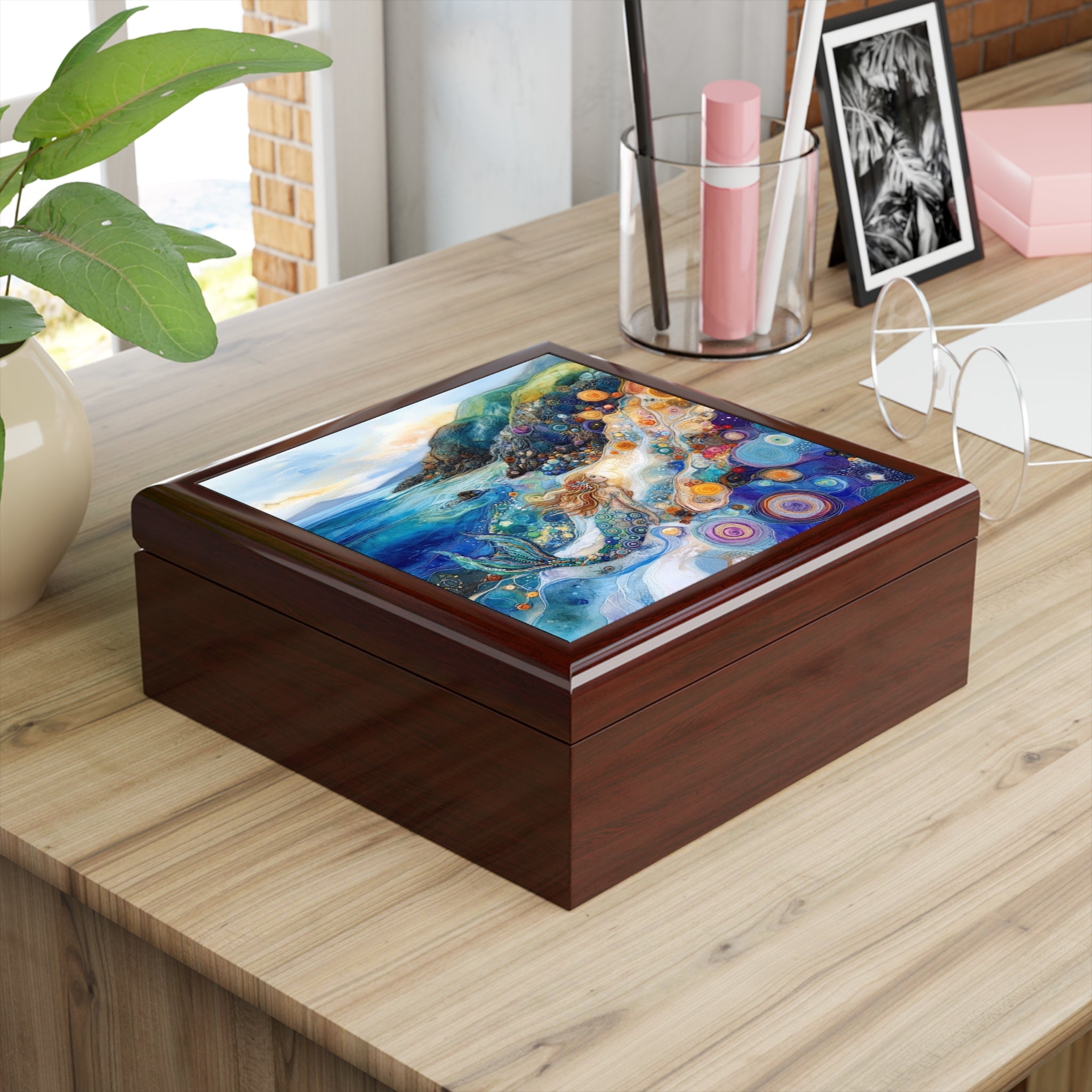 Coastal Mermaid Keepsake Jewelry Box | Felted 3D Coastal Scene