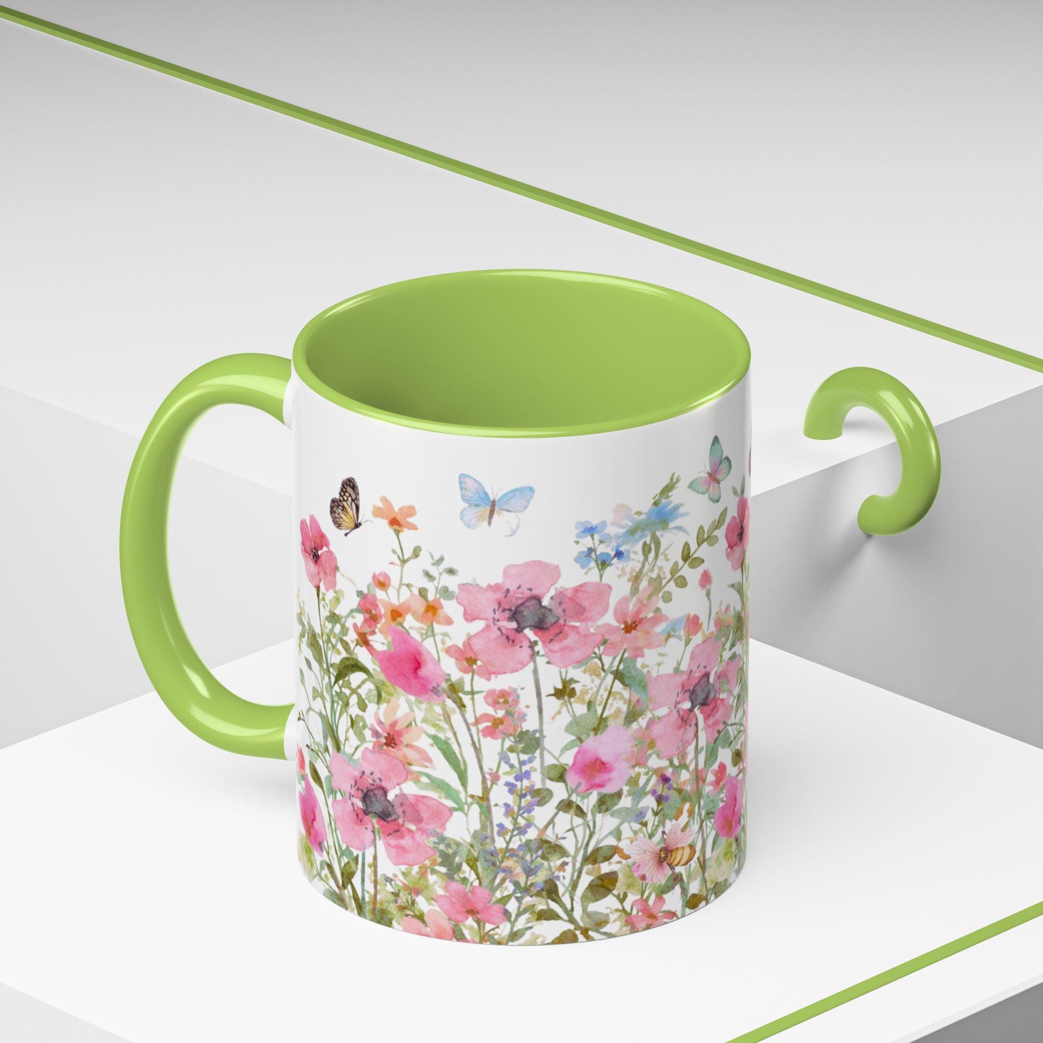 Floral Meadow Accent Coffee Mug — Pink Wildflowers & Butterflies (11oz, 15oz)