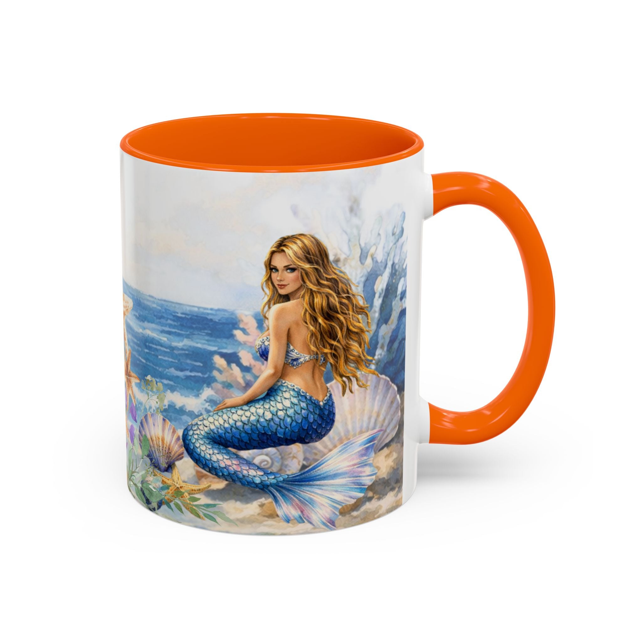 Mermaid Illustration Accent Coffee Mug | Seashells Starfish Ocean Scene
