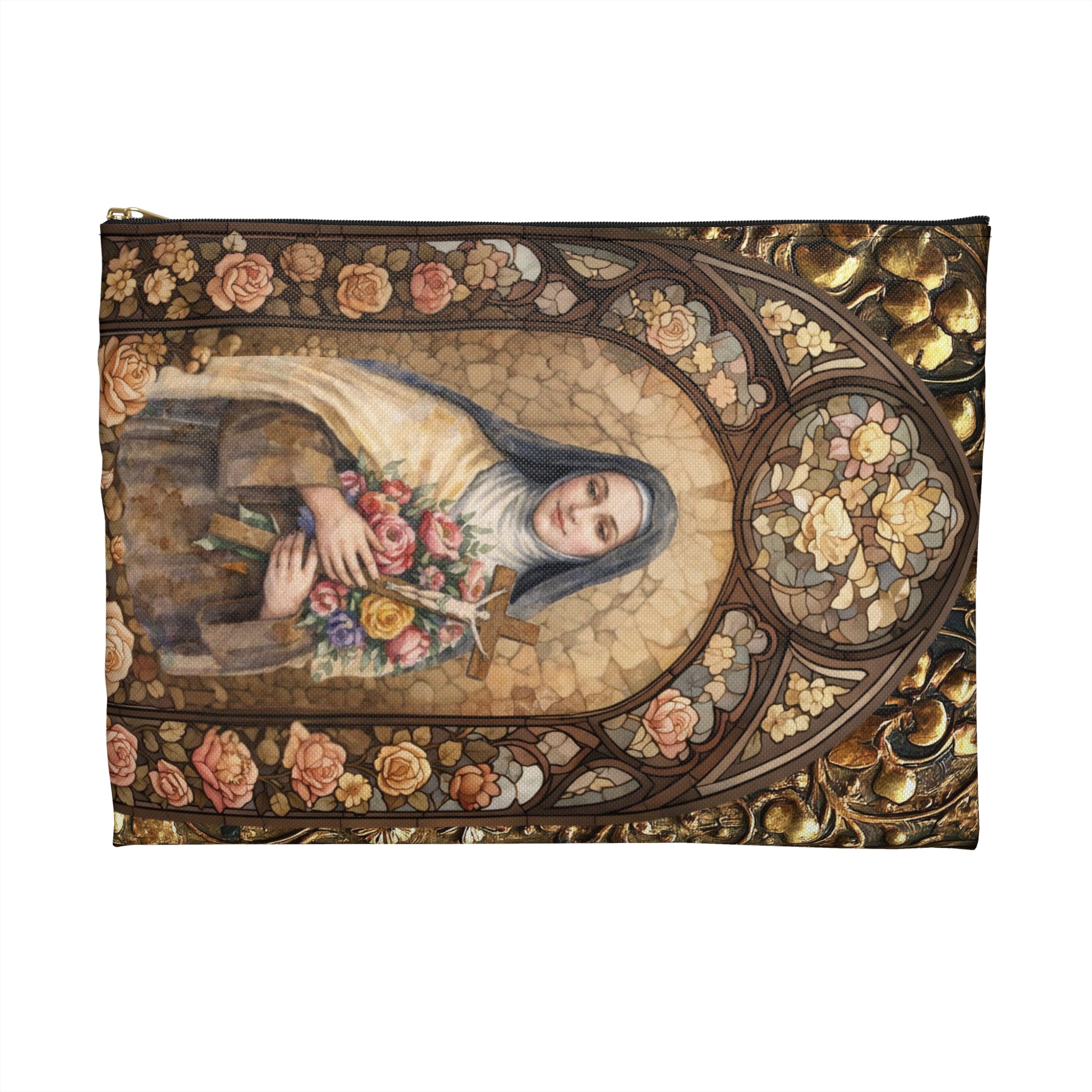 St. Thérèse Rosary Pouch Marian Roses & Doves Vegan Leather Case Accessory Pouch | Religious Rosary Makeup Bag