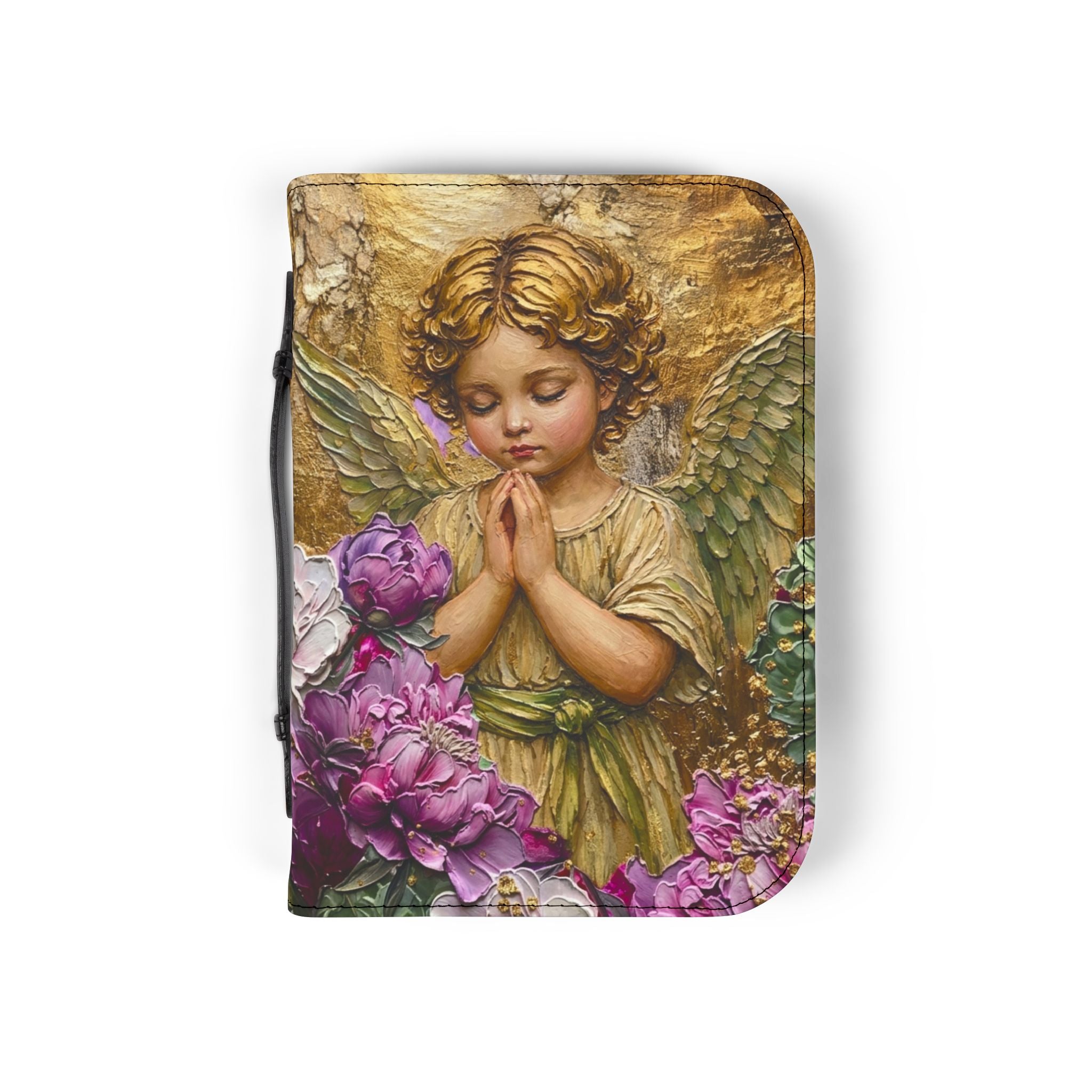 Praying Cherub with Flowers Bible Cover | Angel Artwork Zippered Case