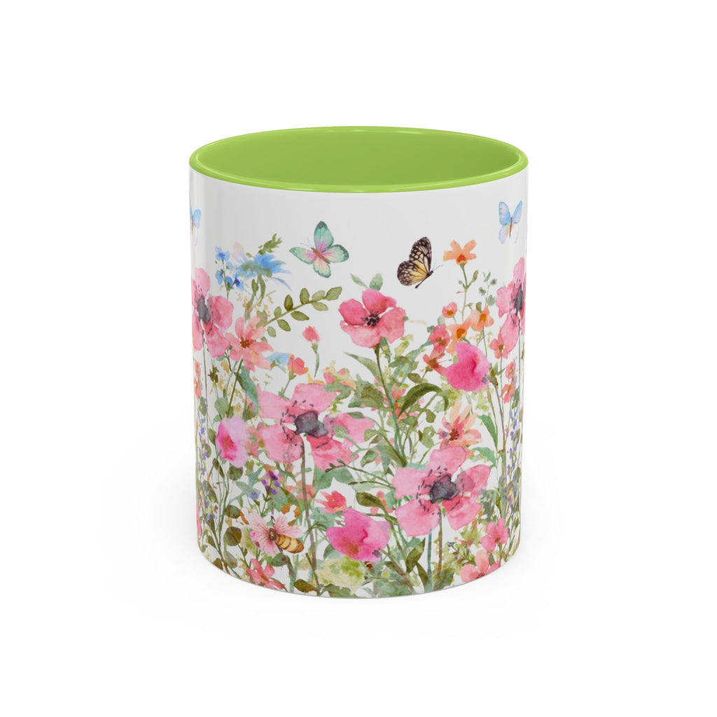 Floral Meadow Accent Coffee Mug — Pink Wildflowers & Butterflies (11oz, 15oz)