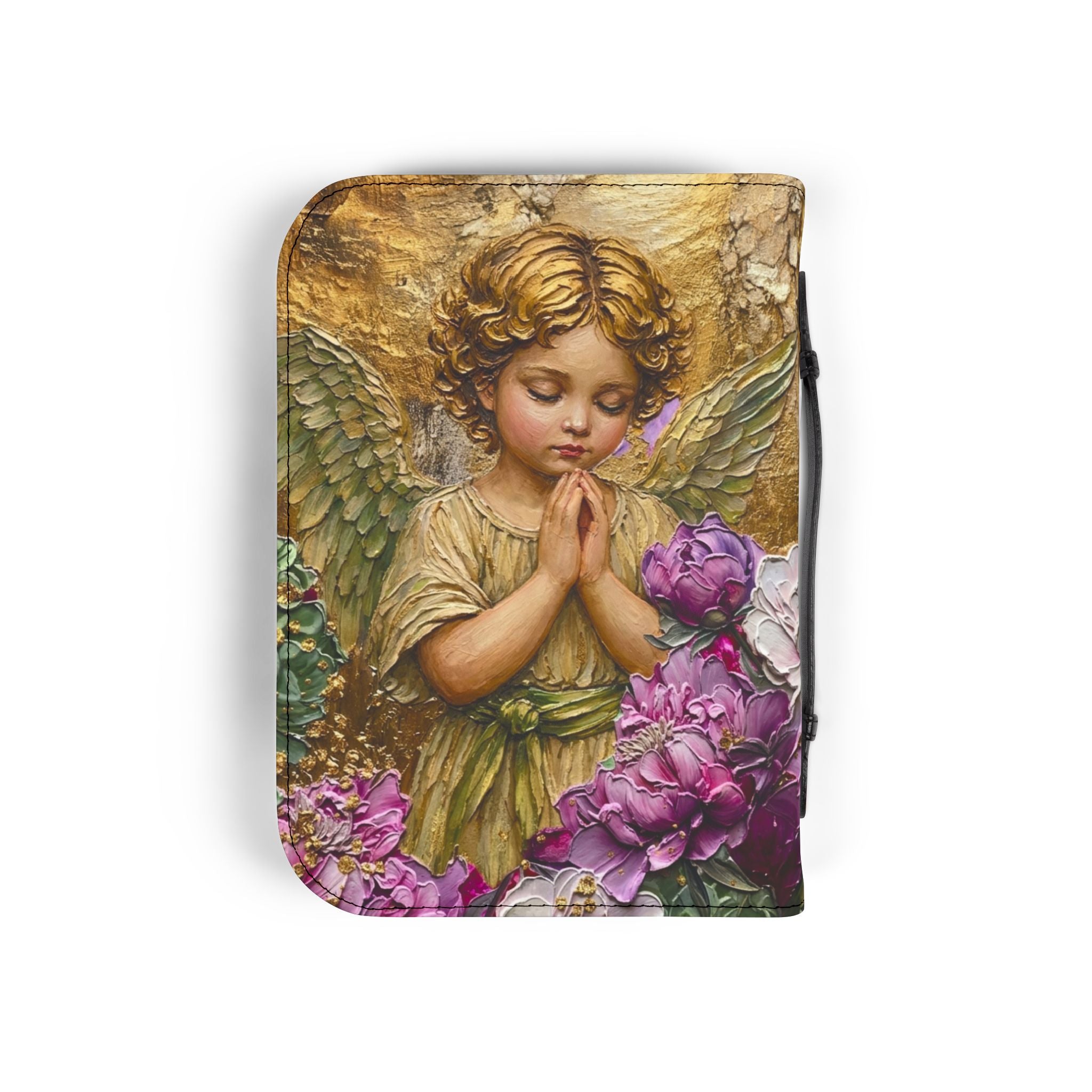 Praying Cherub with Flowers Bible Cover | Angel Artwork Zippered Case