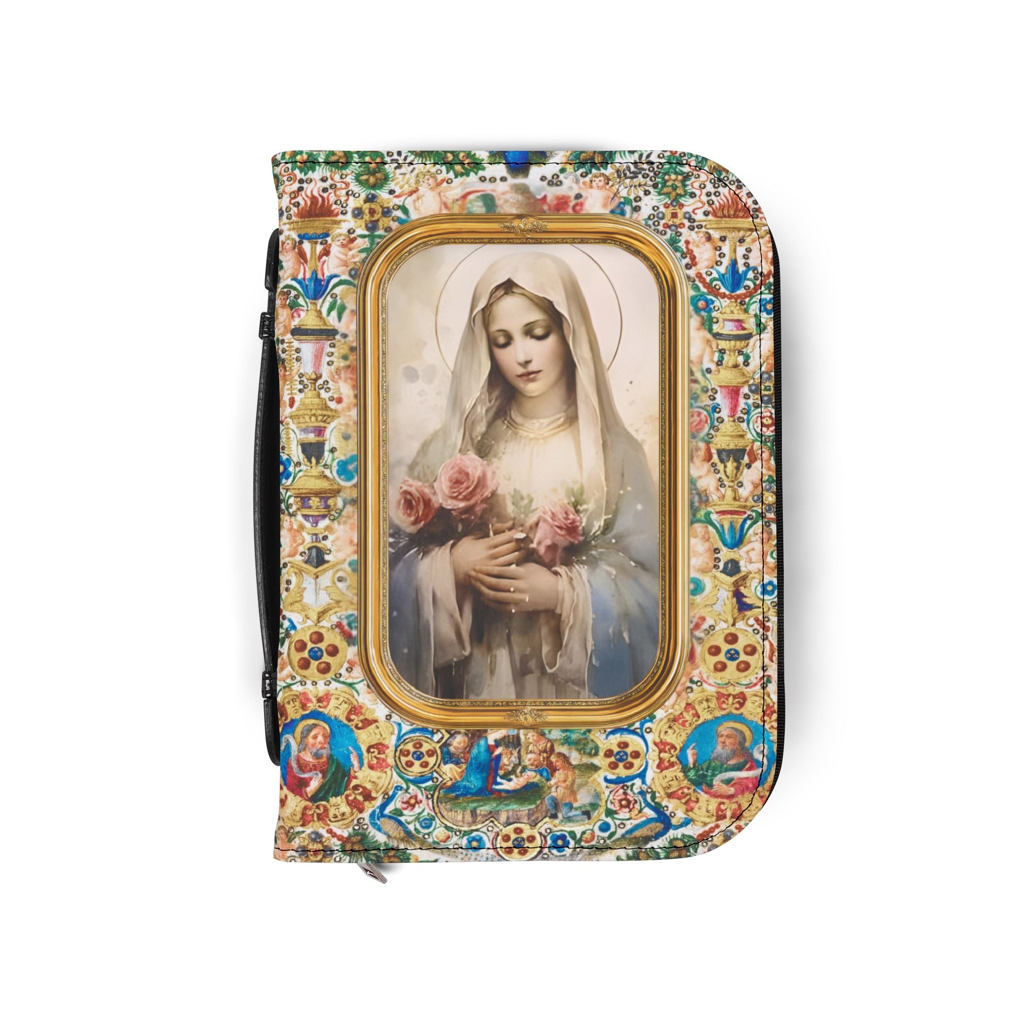Virgin Mary Floral Icon Bible Cover | Zippered Scripture Holder Gift for Christian woman