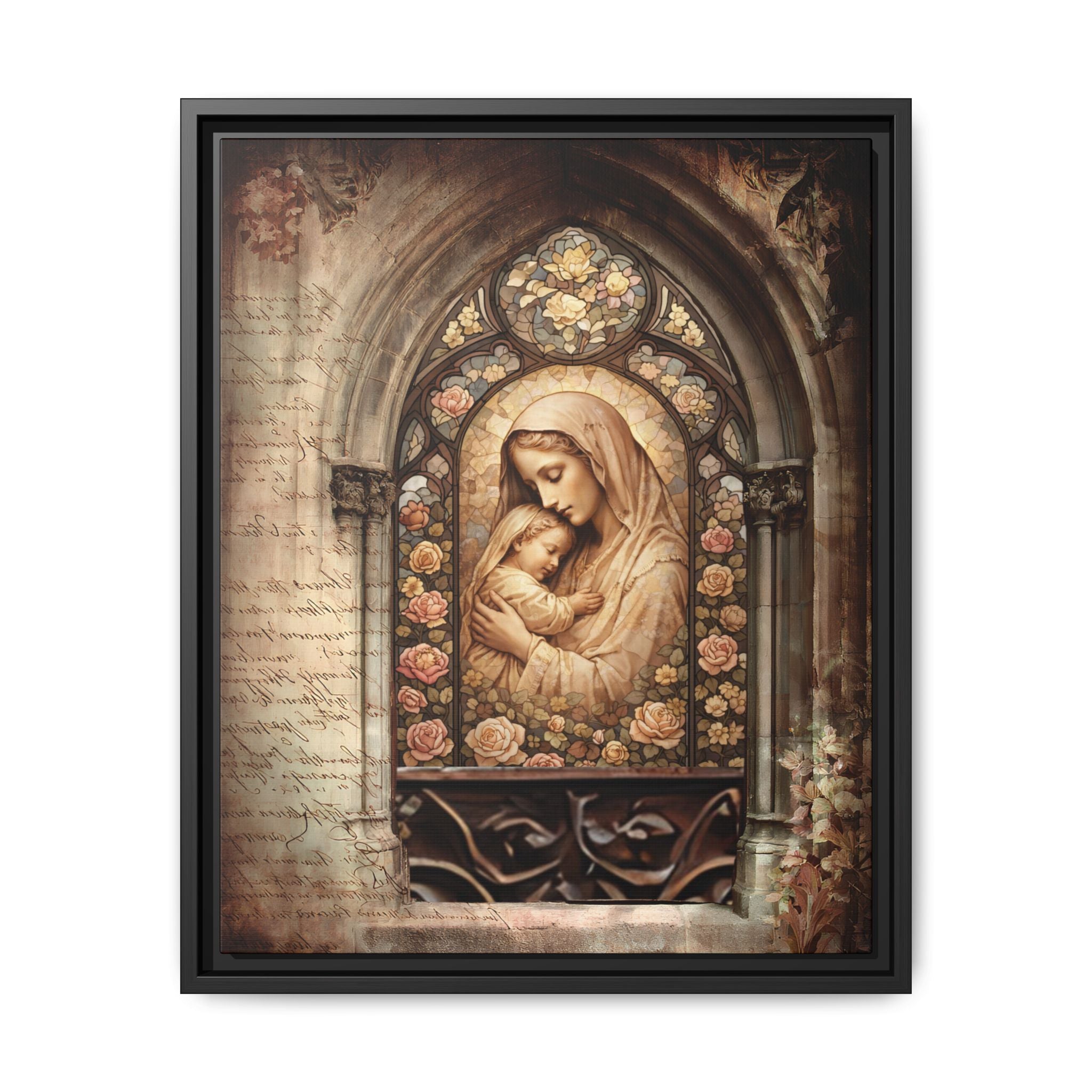 Gothic Window Madonna and Child Stained Glass Print Matte Canvas, Framed