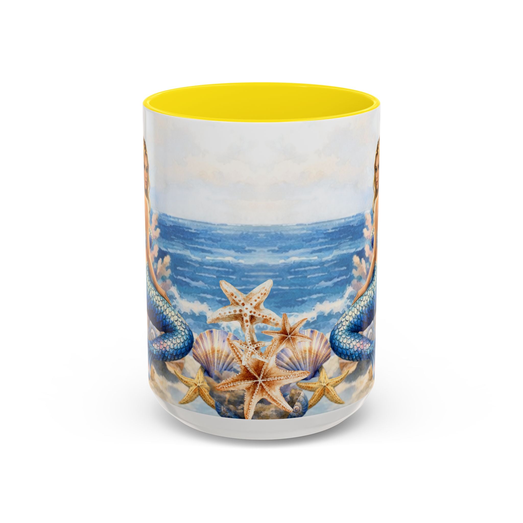 Mermaid Illustration Accent Coffee Mug | Seashells Starfish Ocean Scene