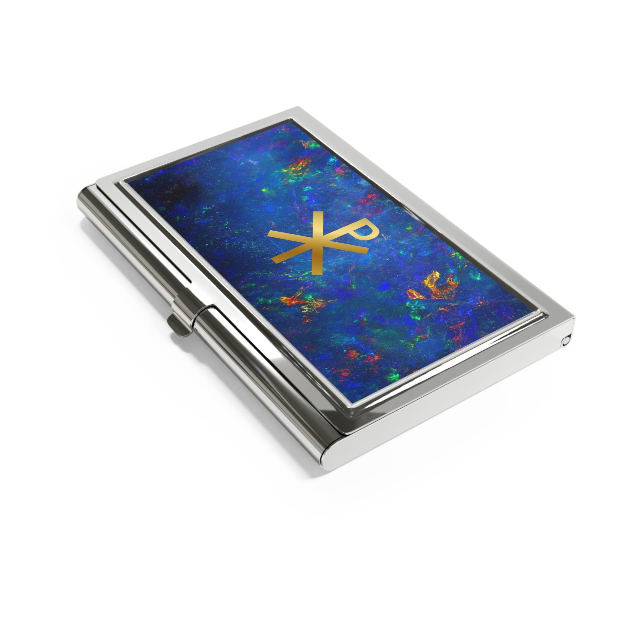 Gold Chi Rho symbol Business Card Holder | Blue Ethiopian opal 3D Image metal case