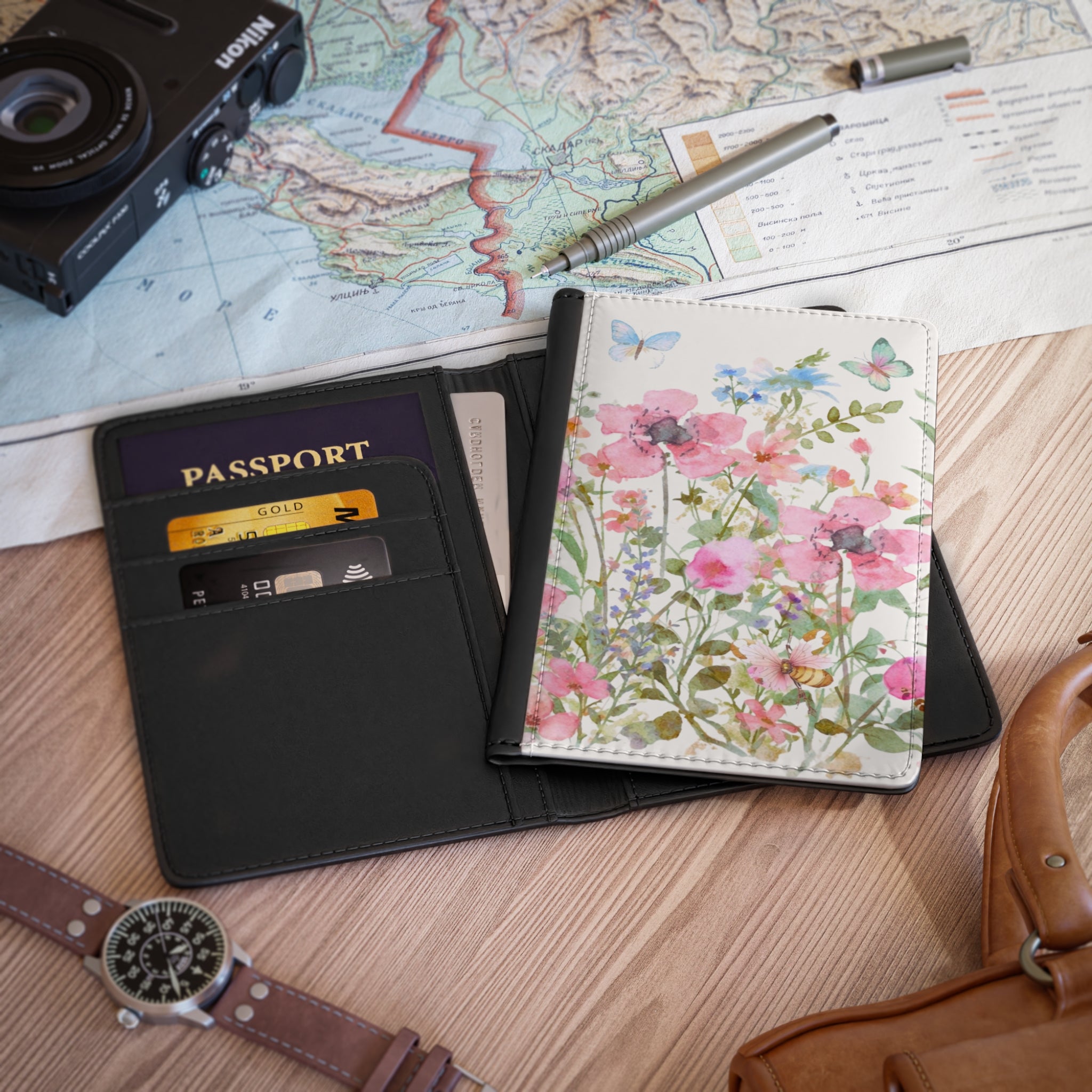 Watercolor Wildflowers Passport Cover | Floral Butterfly Travel Accessory