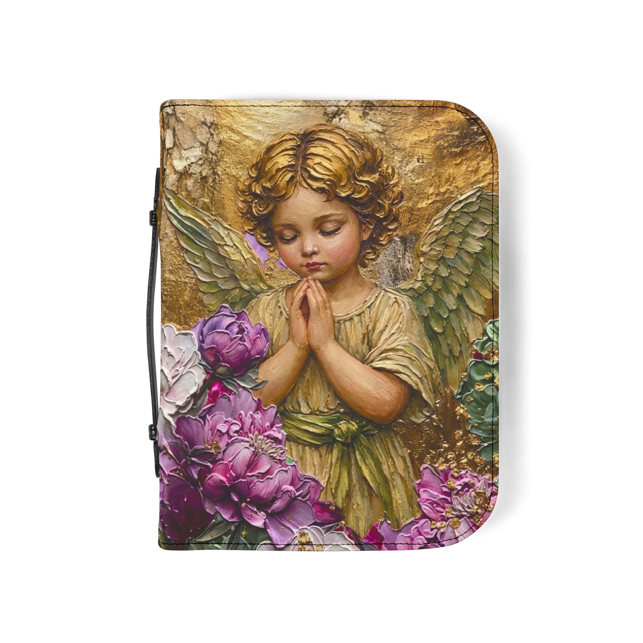 Praying Cherub with Flowers Bible Cover | Angel Artwork Zippered Case