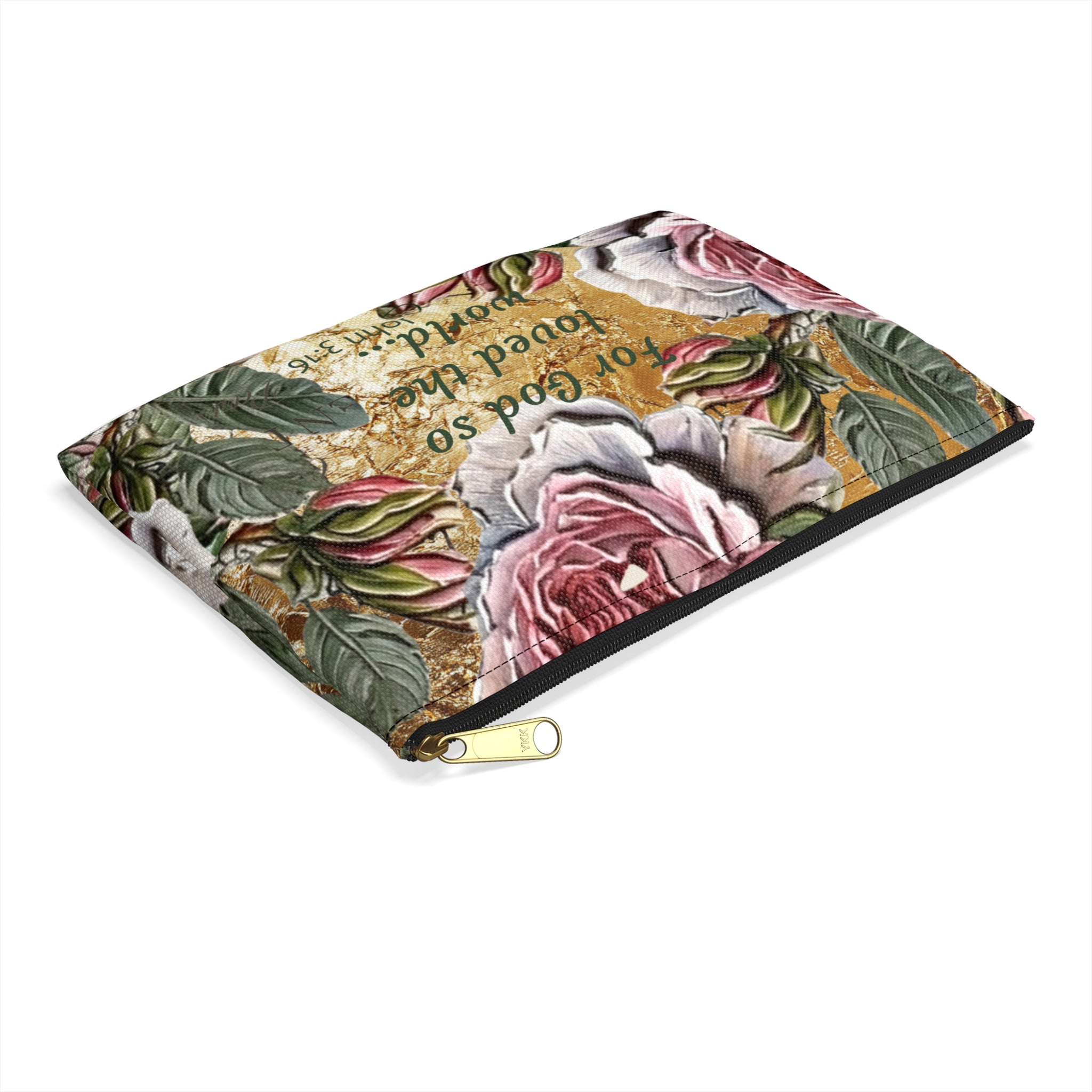 Vintage Pink Roses on Gold Marble Accessory Pouch | Floral Makeup Bag