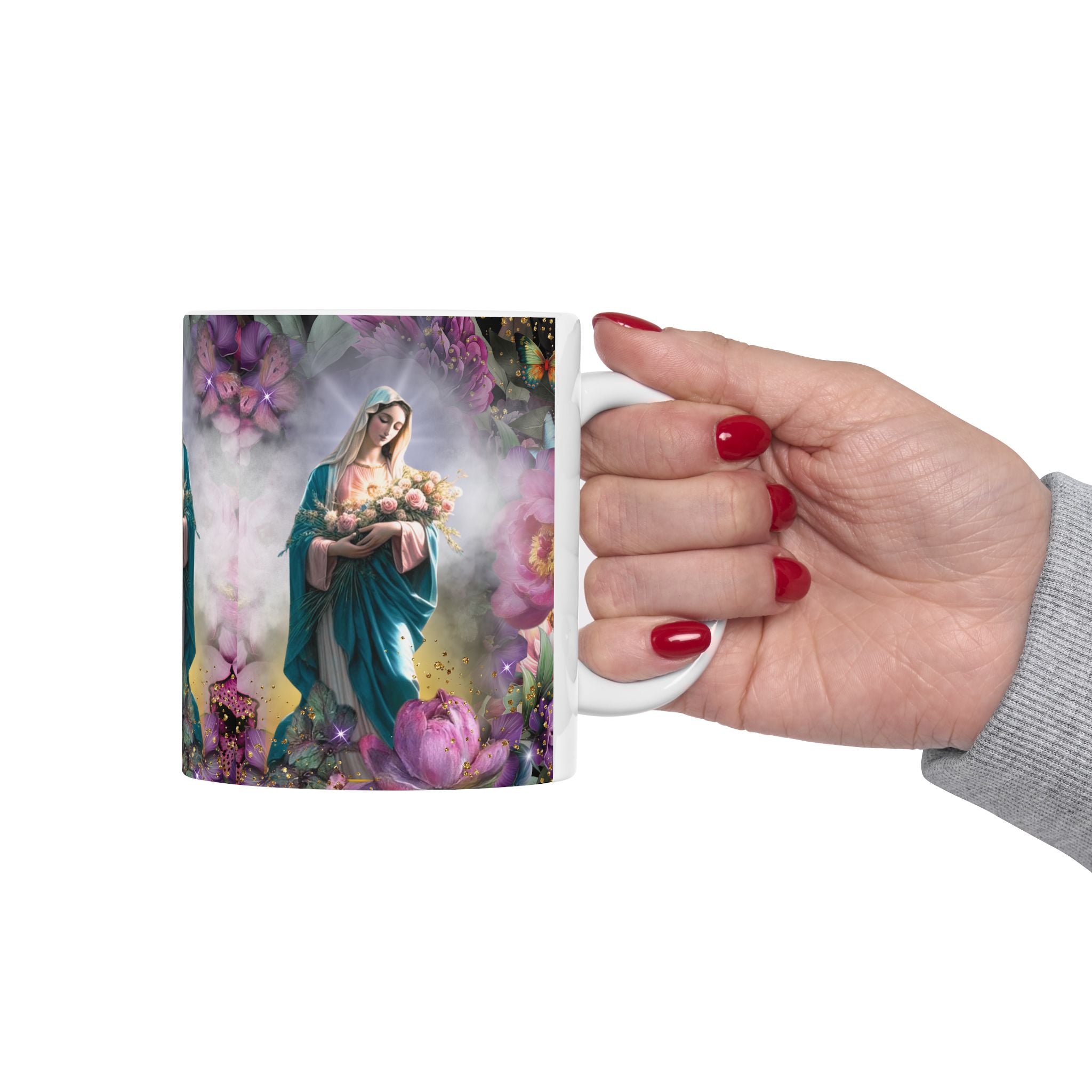Virgin Mary Bouquet Mug | Religious Floral Coffee Cup