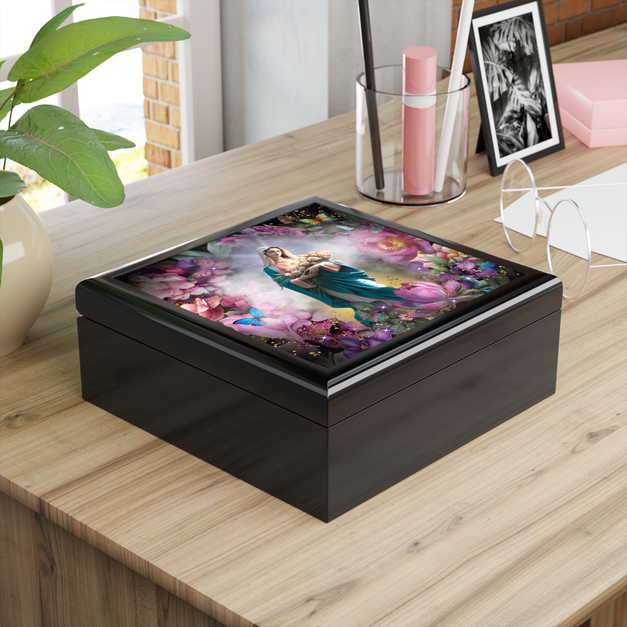 Virgin Mary Floral Illustration Jewelry Box | Madonna In Heaven Keepsake Trinket Chest