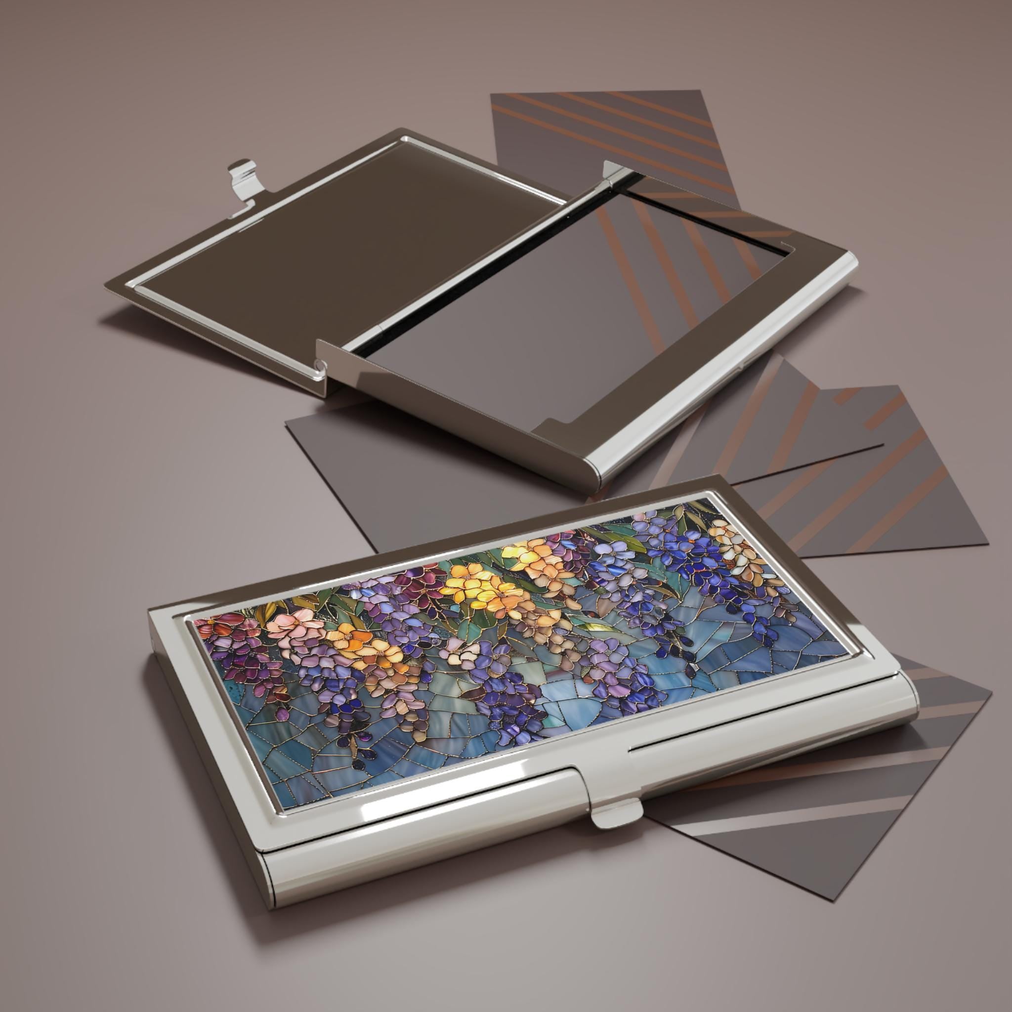 Stained Glass Wisteria Business Card Holder, Metallic Finish | Calling Card Case