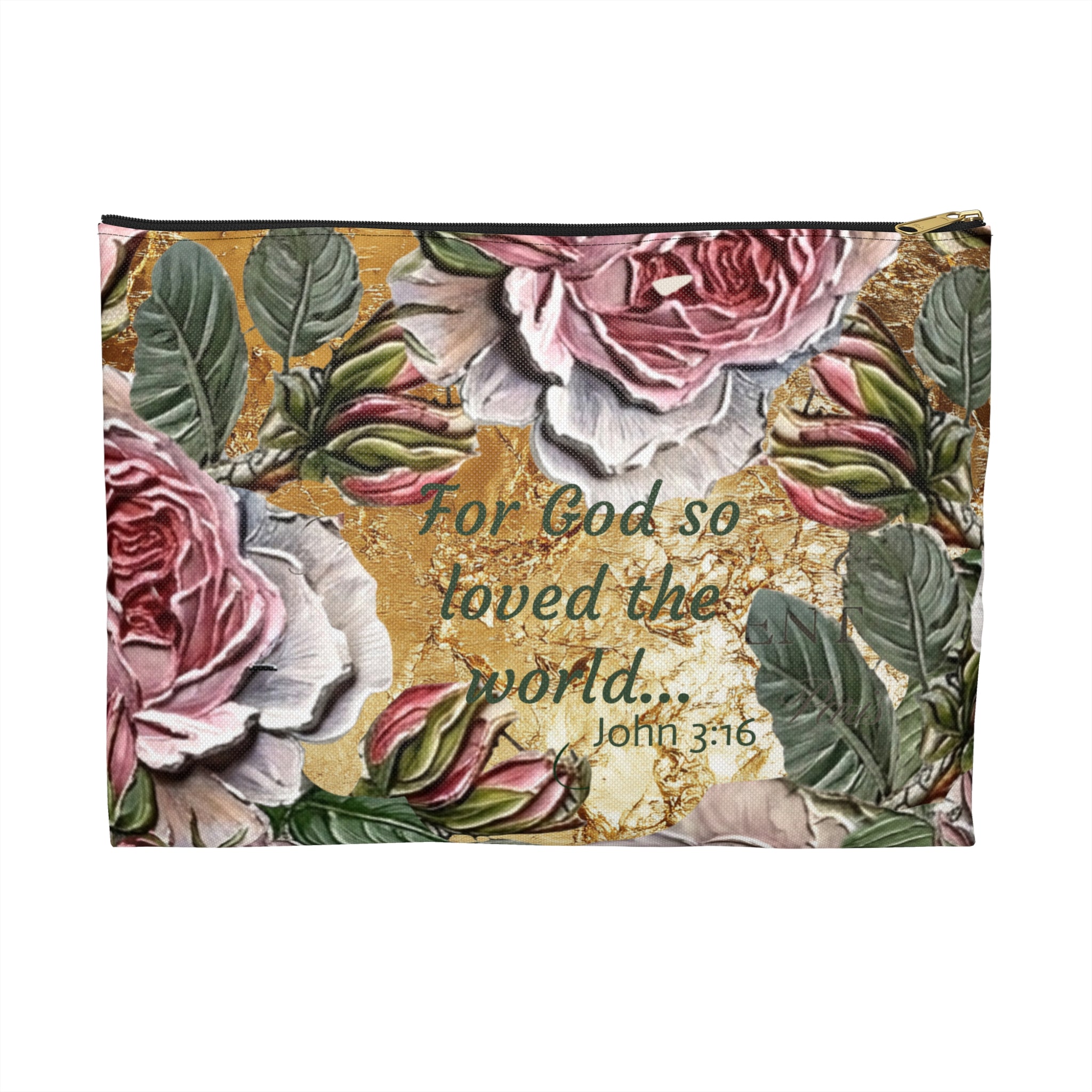 Vintage Pink Roses on Gold Marble Accessory Pouch | Floral Makeup Bag