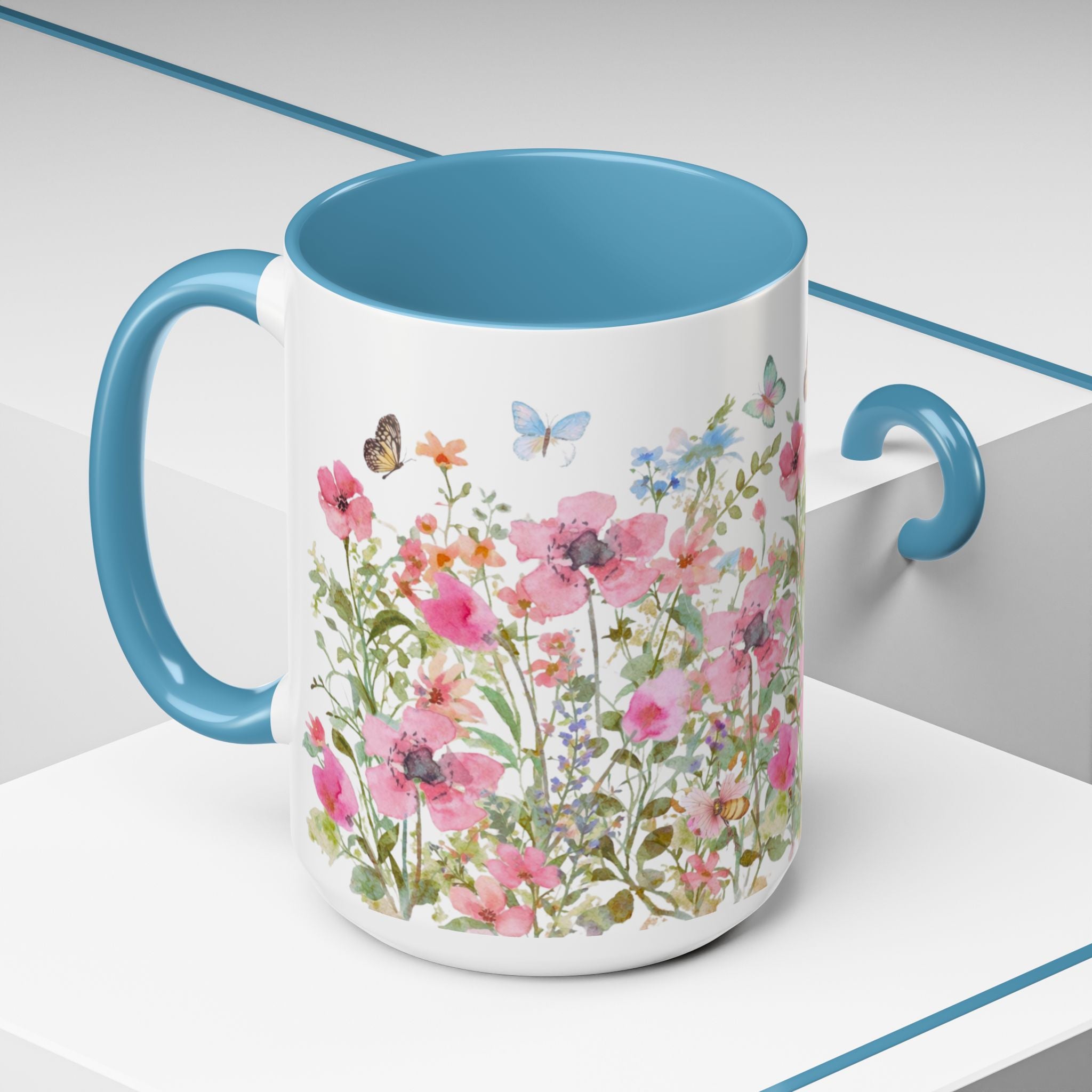 Floral Meadow Accent Coffee Mug — Pink Wildflowers & Butterflies (11oz, 15oz)