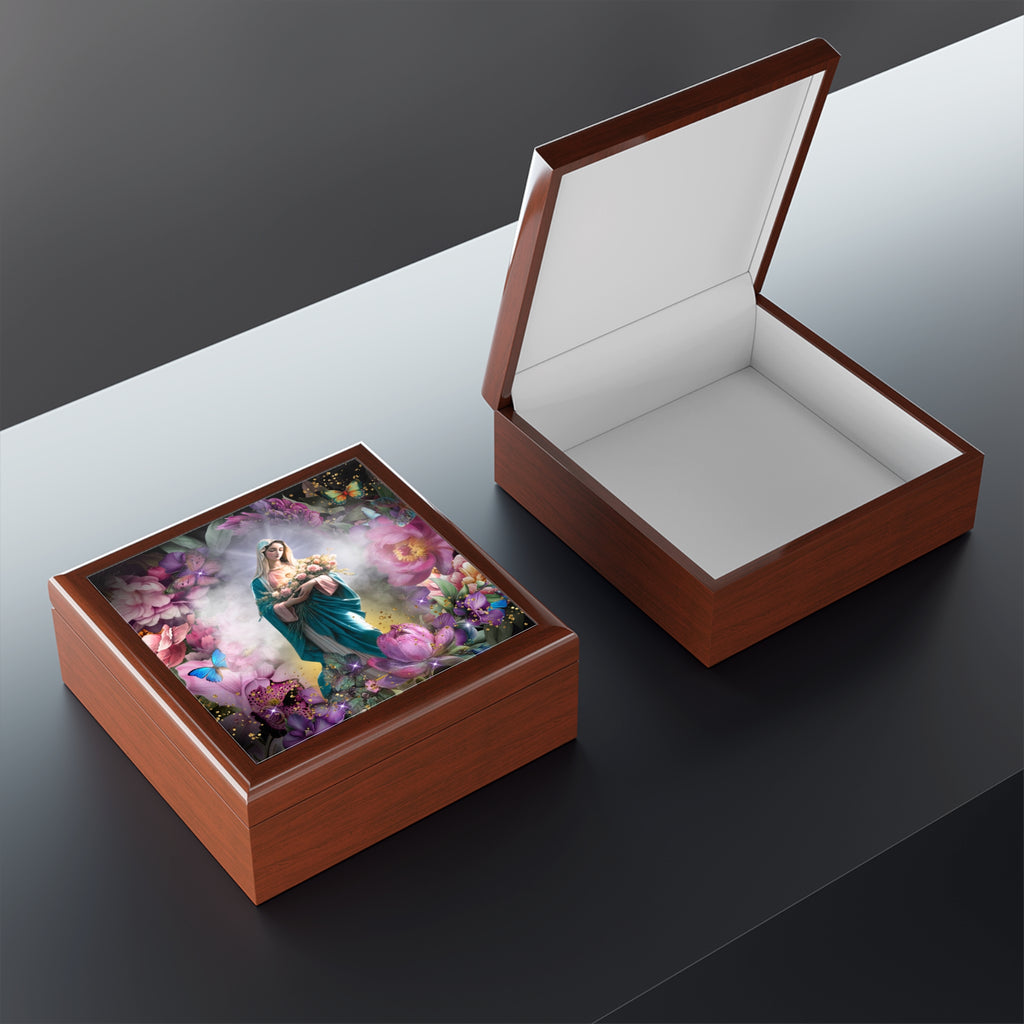 Virgin Mary Floral Illustration Jewelry Box | Madonna In Heaven Keepsake Trinket Chest