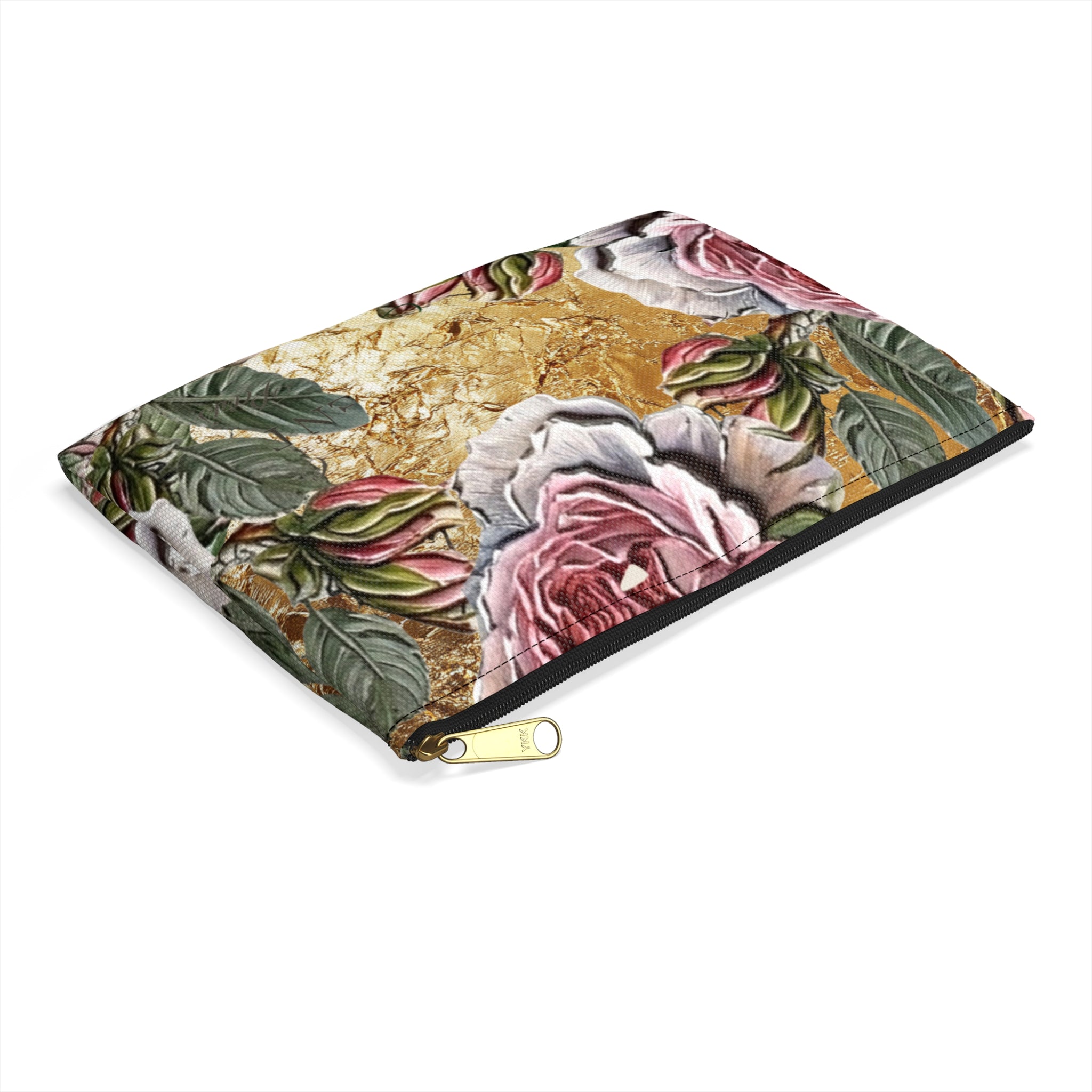 Vintage Pink Roses on Gold Marble Accessory Pouch | Floral Makeup Bag