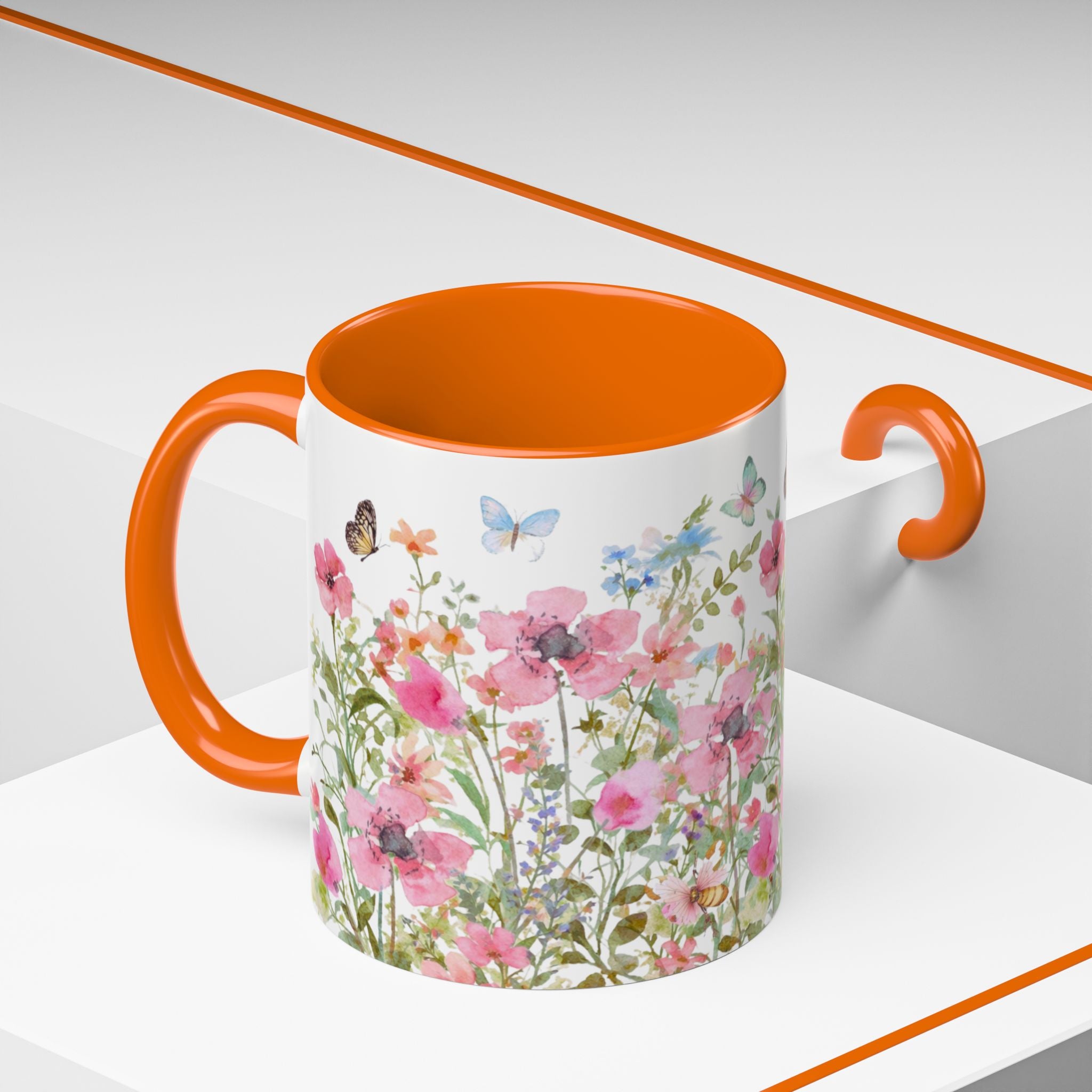 Floral Meadow Accent Coffee Mug — Pink Wildflowers & Butterflies (11oz, 15oz)