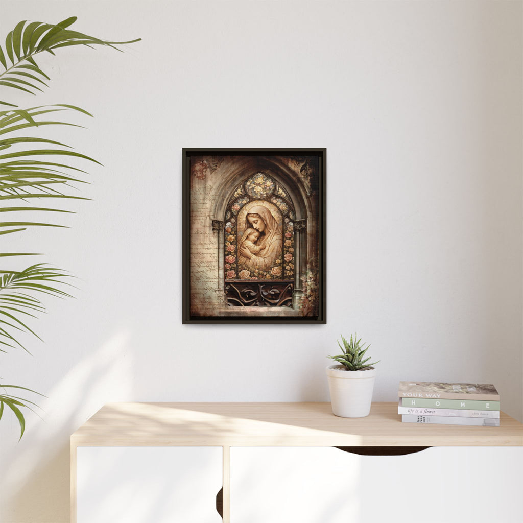 Gothic Window Madonna and Child Stained Glass Print Matte Canvas, Framed