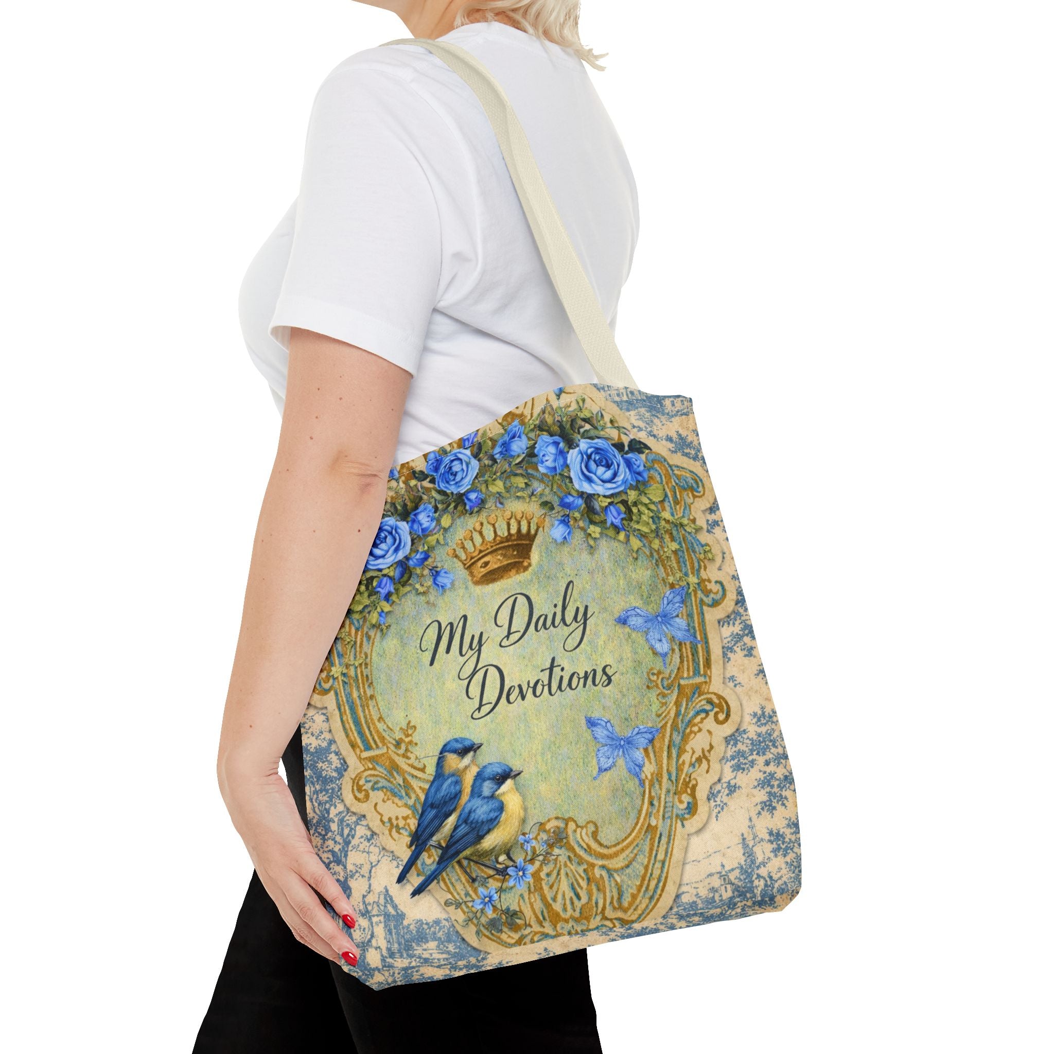 Daily Devotions Tote Bag | Bluebird Toile Bible Study Accessory | Christian Shoulder Bag
