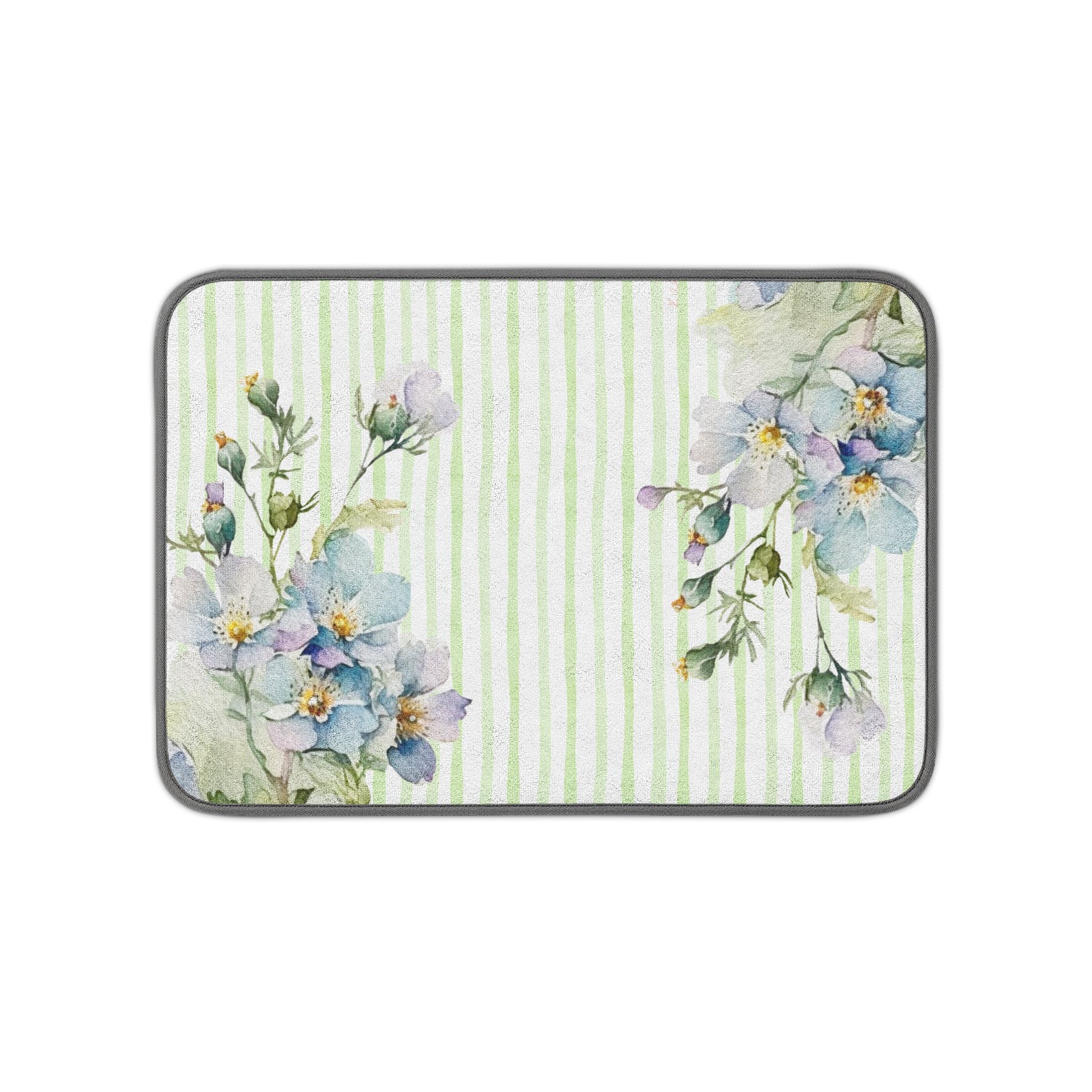 Wildflower petals & Stripes Dish Mat | Microfiber Kitchen Mat | Cottagecore Decor Gift