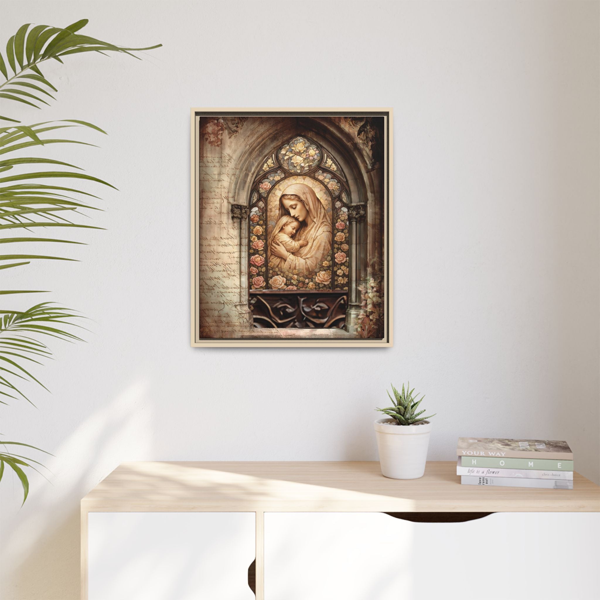 Gothic Window Madonna and Child Stained Glass Print Matte Canvas, Framed
