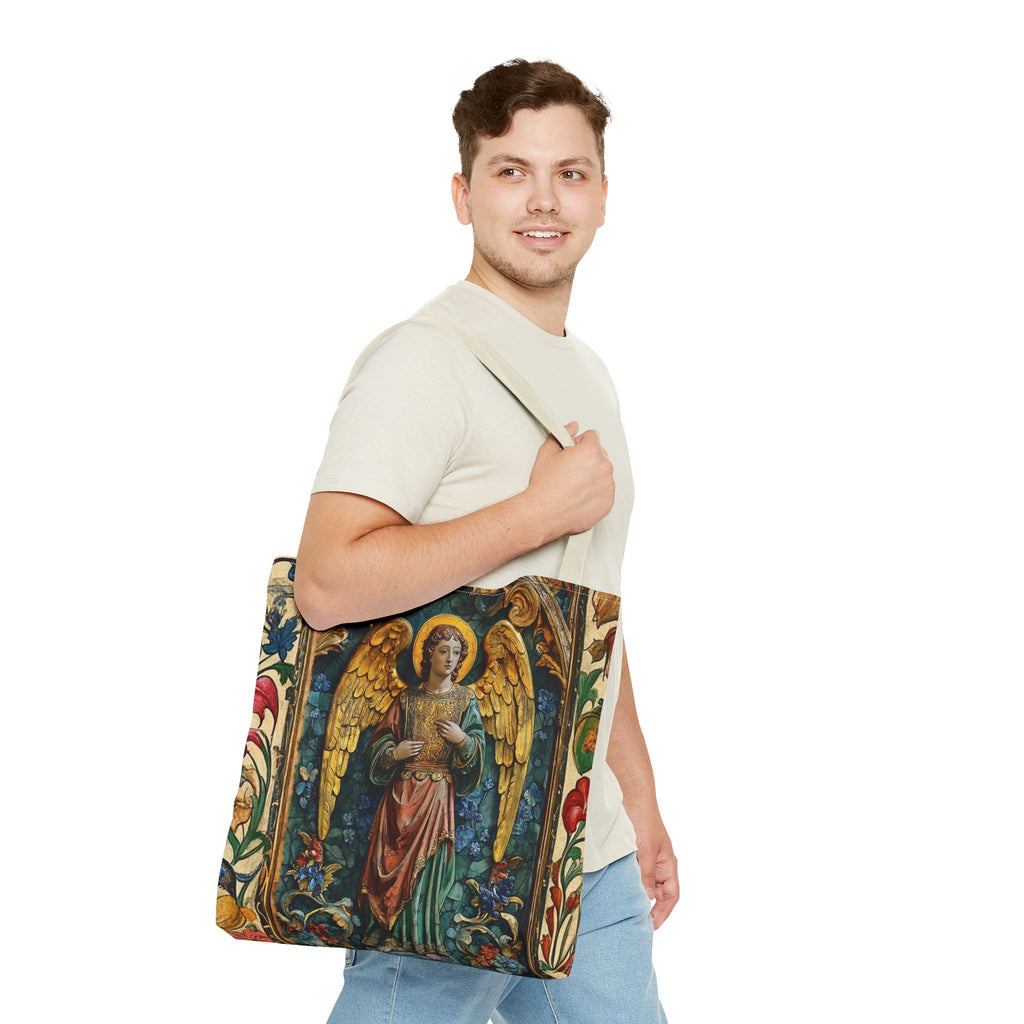 Medieval Manuscript Angel Tote | Ornate Religious Artwork, AOP Shoulder Bag Gift for Catholic
