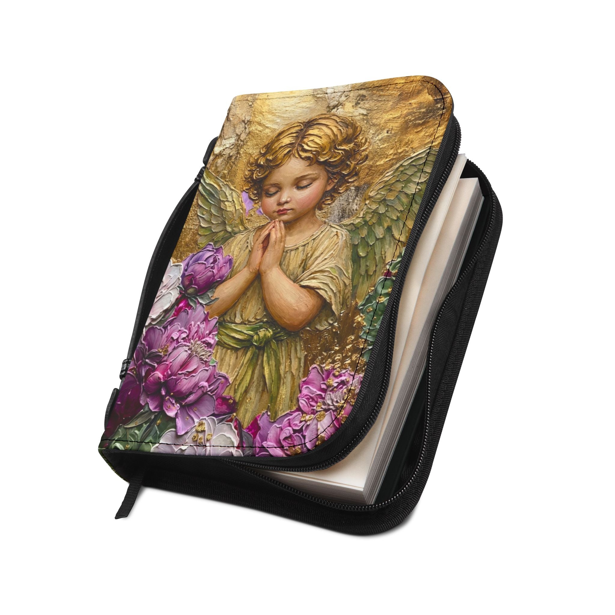 Praying Cherub with Flowers Bible Cover | Angel Artwork Zippered Case