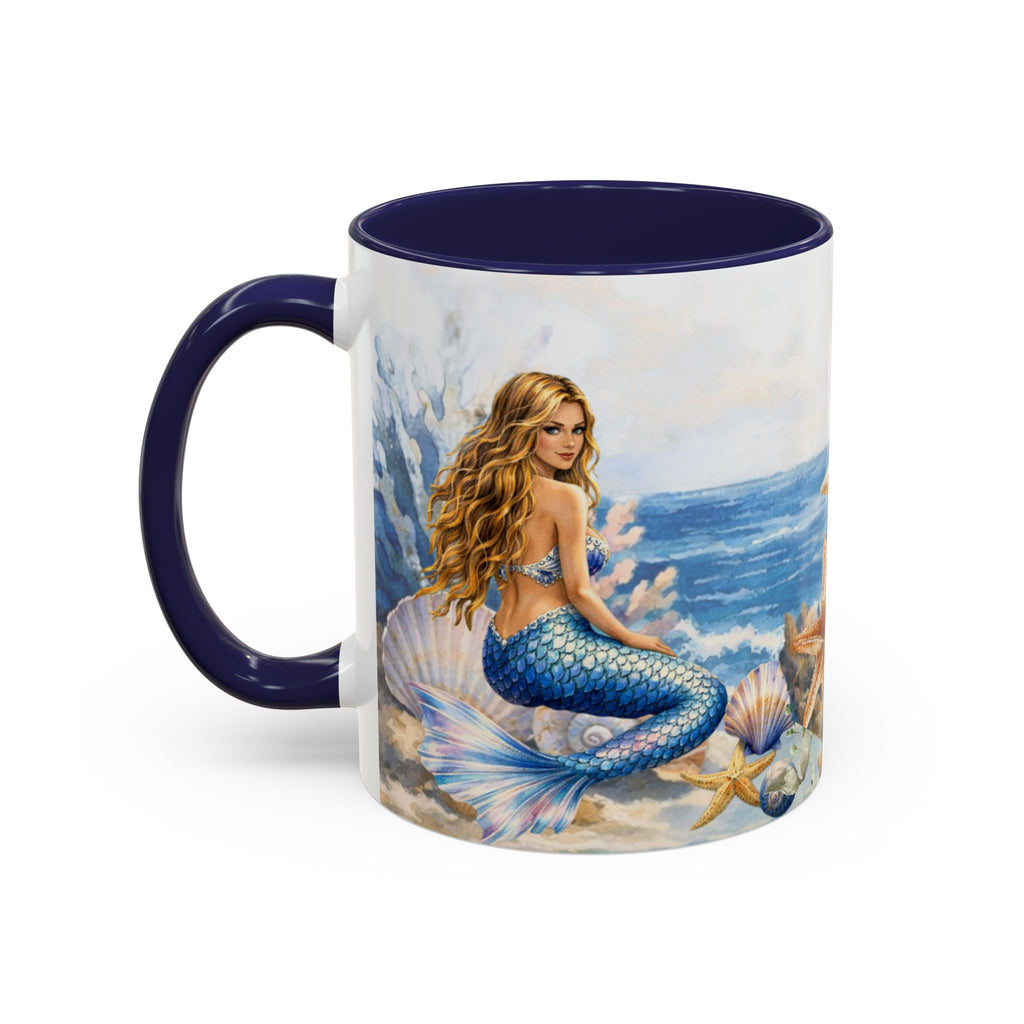 Mermaid Illustration Accent Coffee Mug | Seashells Starfish Ocean Scene