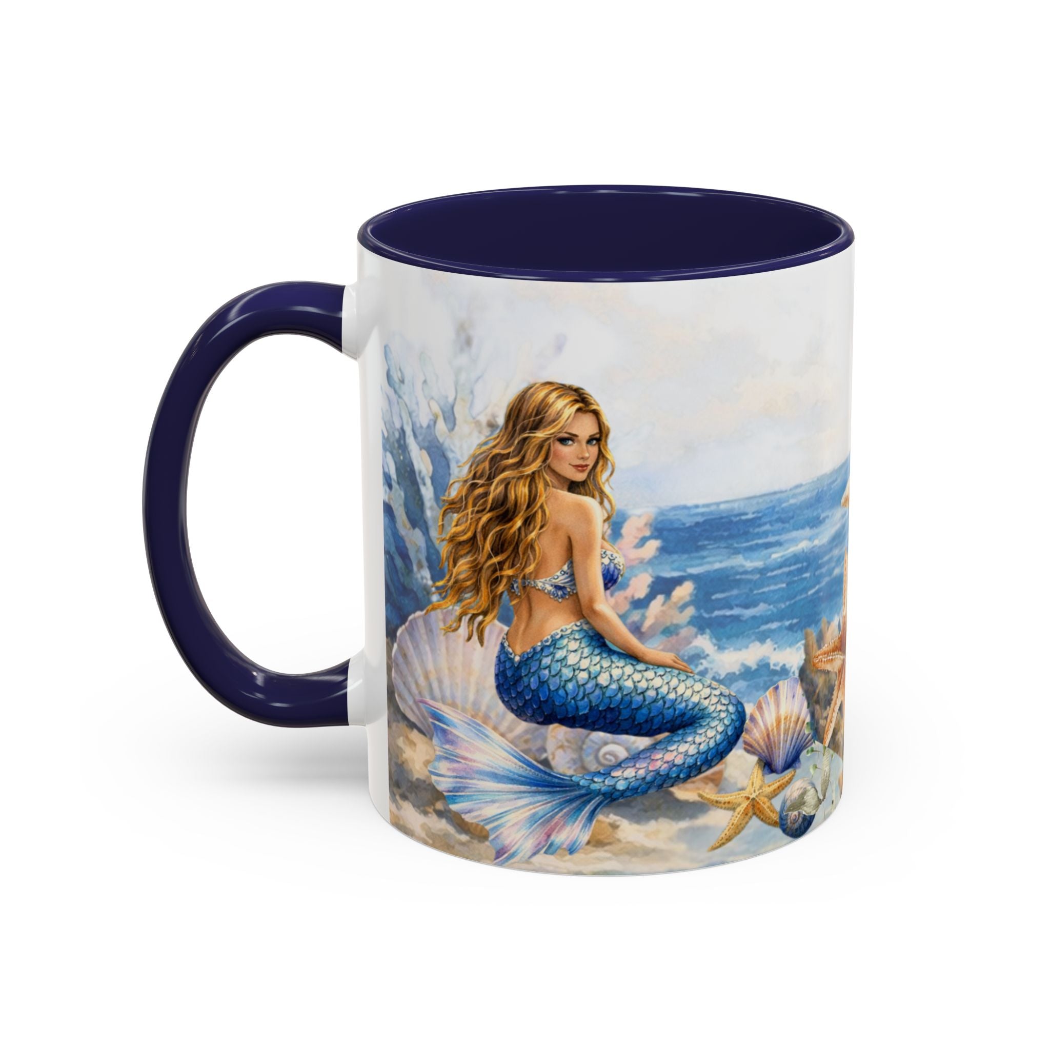 Mermaid Illustration Accent Coffee Mug | Seashells Starfish Ocean Scene