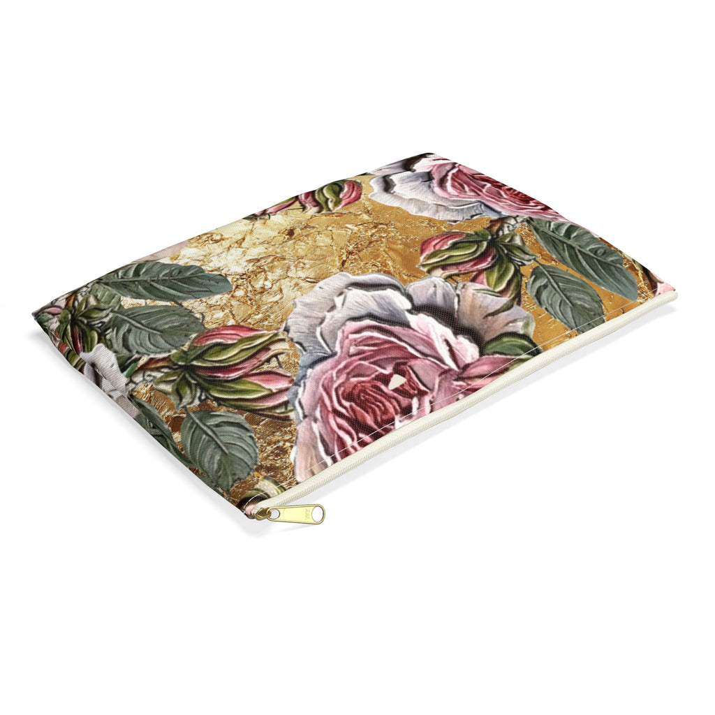 Vintage Pink Roses on Gold Marble Accessory Pouch | Floral Makeup Bag
