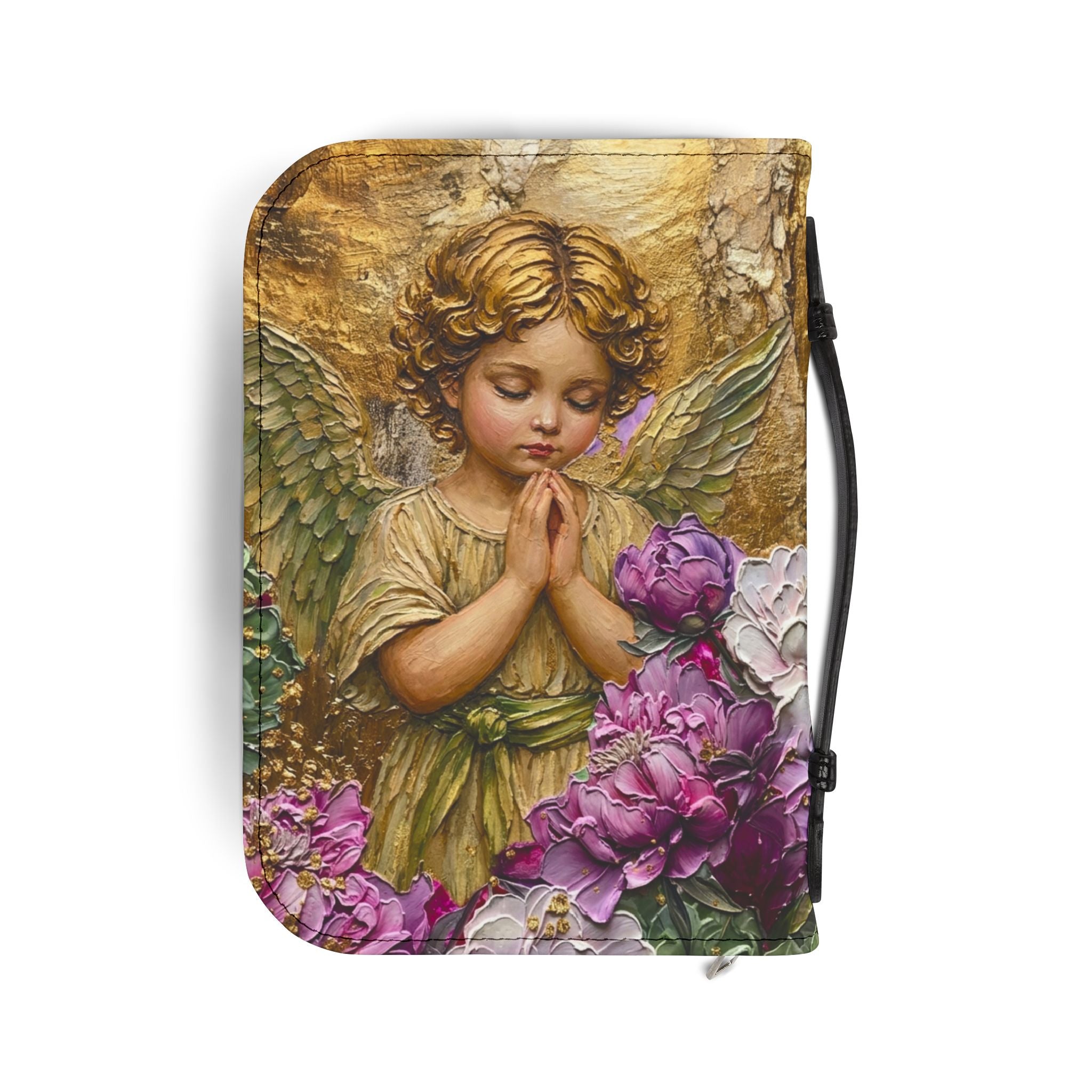 Praying Cherub with Flowers Bible Cover | Angel Artwork Zippered Case