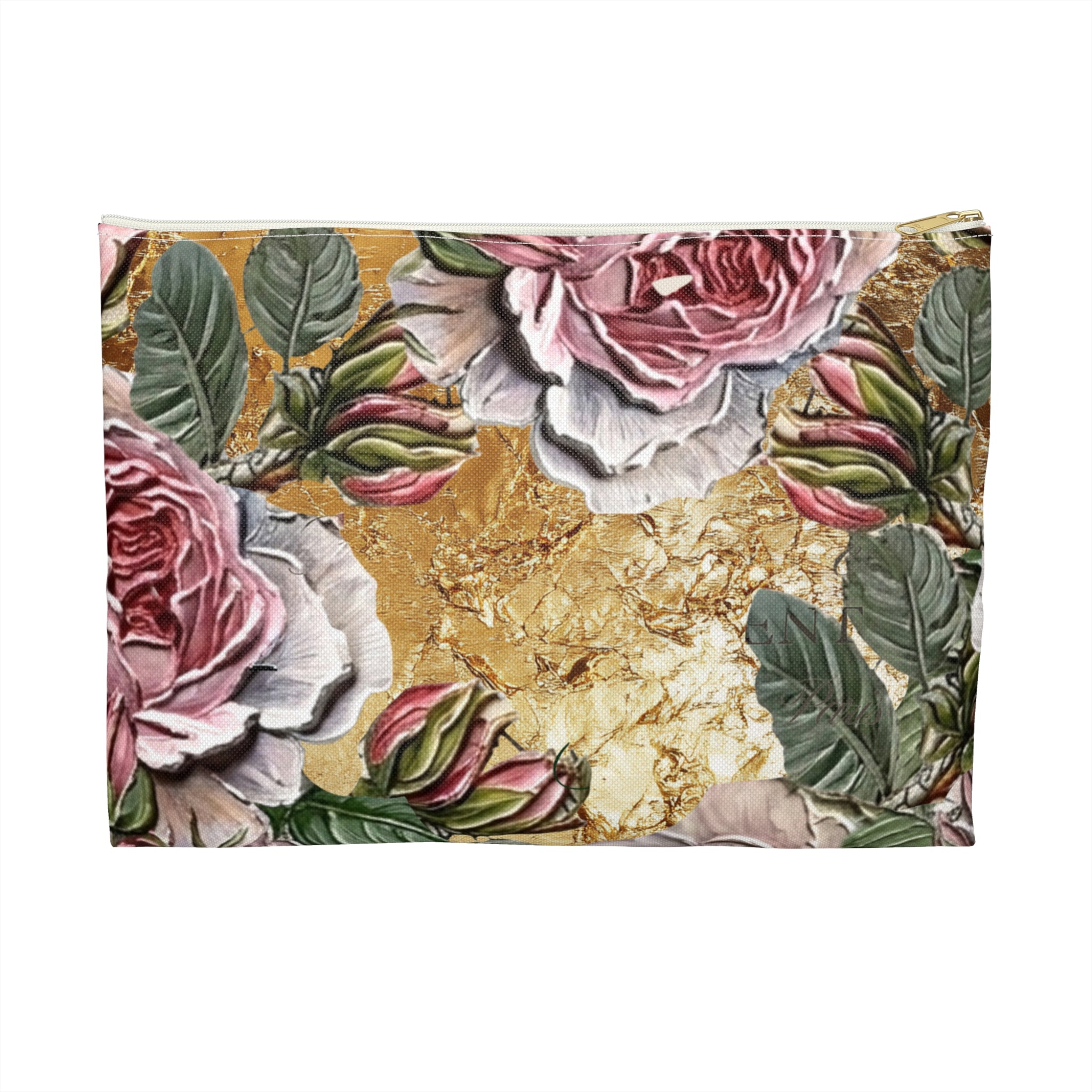 Vintage Pink Roses on Gold Marble Accessory Pouch | Floral Makeup Bag