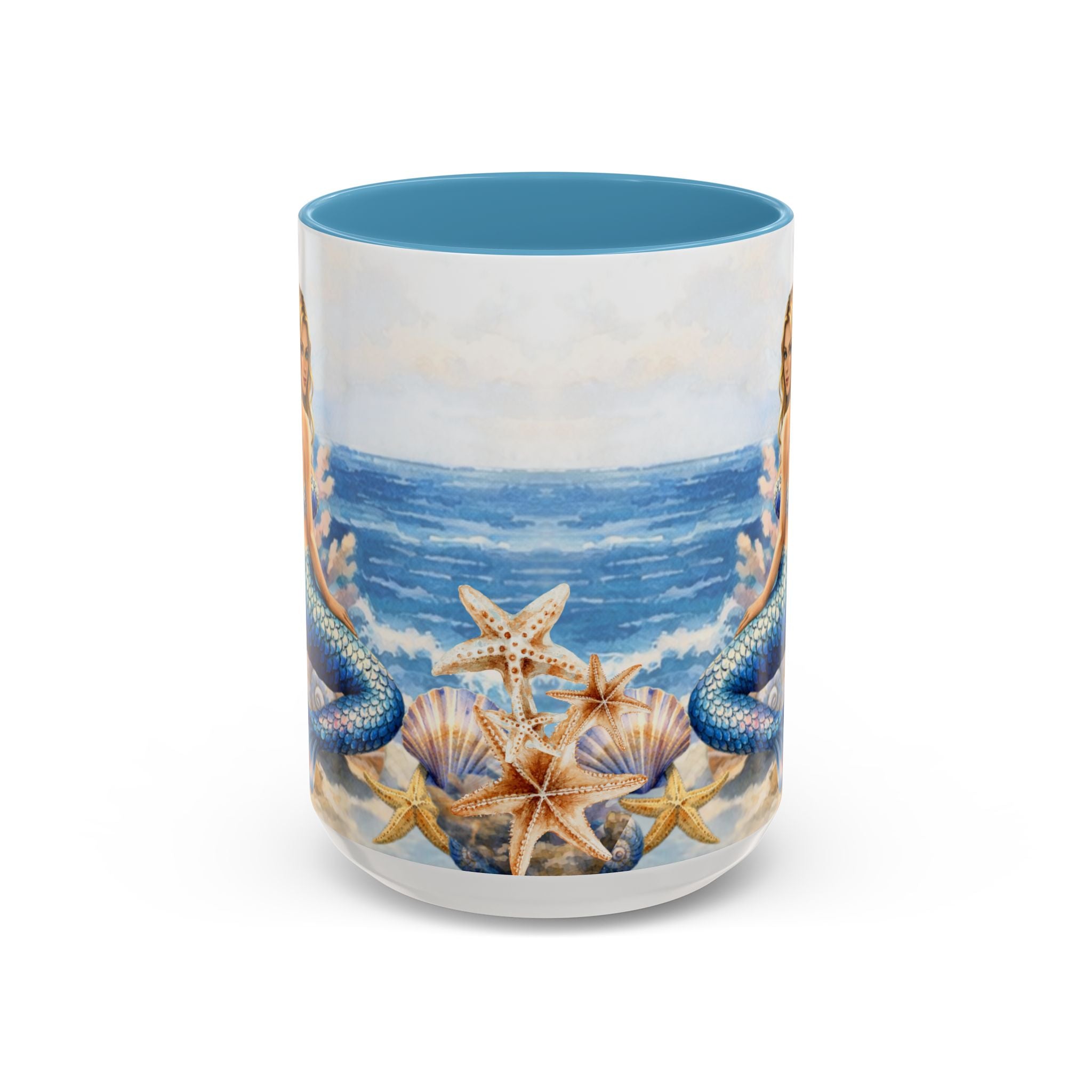 Mermaid Illustration Accent Coffee Mug | Seashells Starfish Ocean Scene